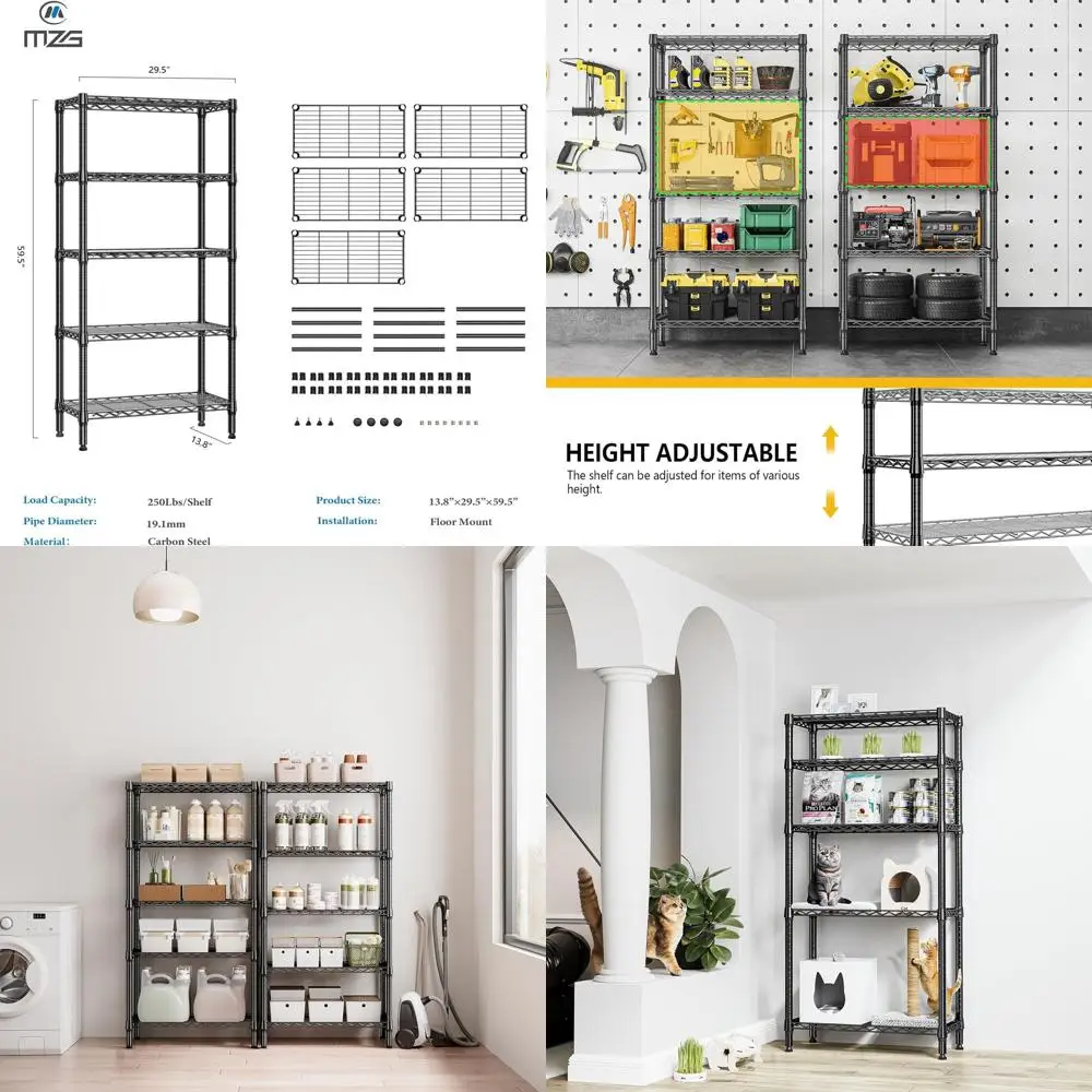 5-Tier Heavy-Duty Metal Storage Shelves, Black, 13.8x29.5x59.5 for Closet, Garage, Kitchen, Bathroom, Laundry
5-Tier Heavy-Duty Metal Storage Shelves, Black, 13.8x29.5x59.5 for Closet, Garage, Kitchen, Bathroom, Laundry