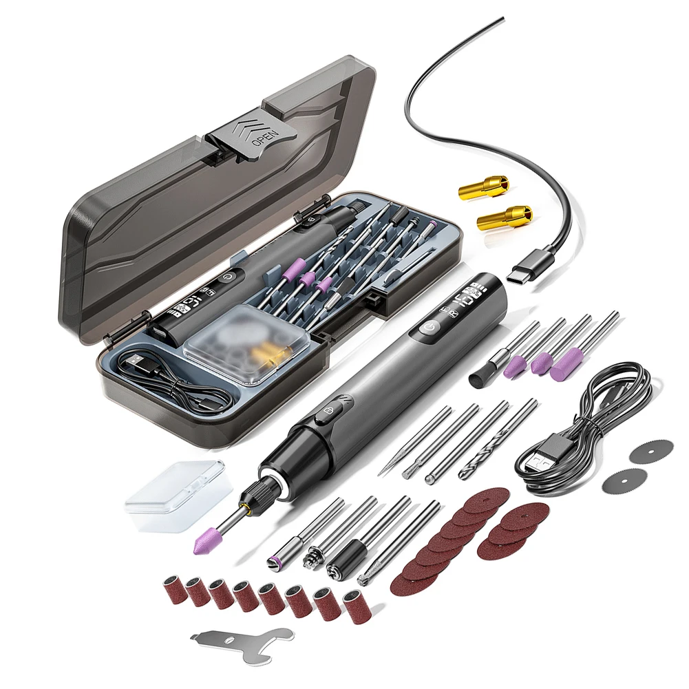 Compact Cordless Rotary Tool with Digital RPM Display and 30 Piece Accessory Kit for Wood Metal Plastic Projects
Compact Cordless Rotary Tool with Digital RPM Display and 30 Piece Accessory Kit for Wood Metal Plastic Projects