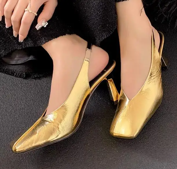 Gold Sliver Genuine Leather Square Toe Elastic Band Slingback Sandals Women 75 mm High Heels Slip On Shallow Pumps Shoes Lady
Gold Sliver Genuine Leather Square Toe Elastic Band Slingback Sandals Women 75 mm High Heels Slip On Shallow Pumps Shoes Lady