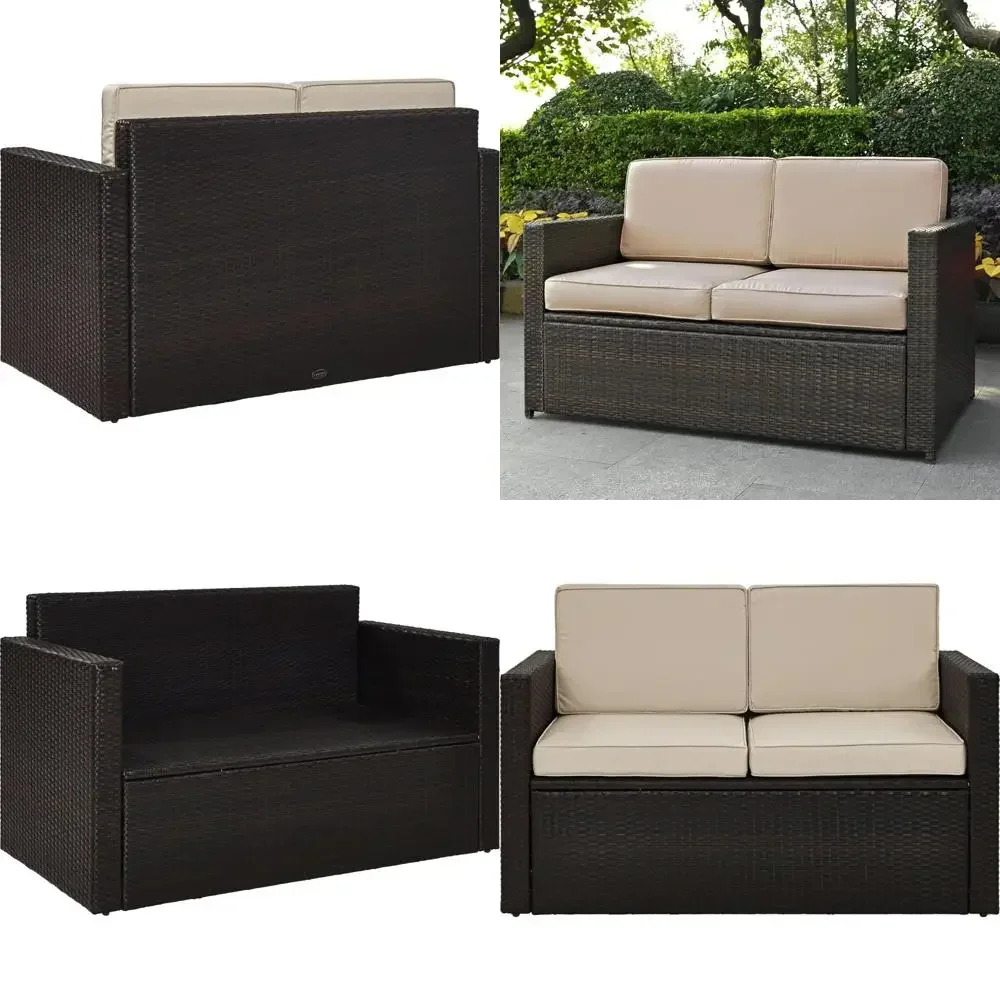 Двухместный диван для патио с коричневыми и песочными подушками для веранды, террасы и заднего двора
Двухместный диван для патио с коричневыми и песочными подушками для веранды, террасы и заднего двора