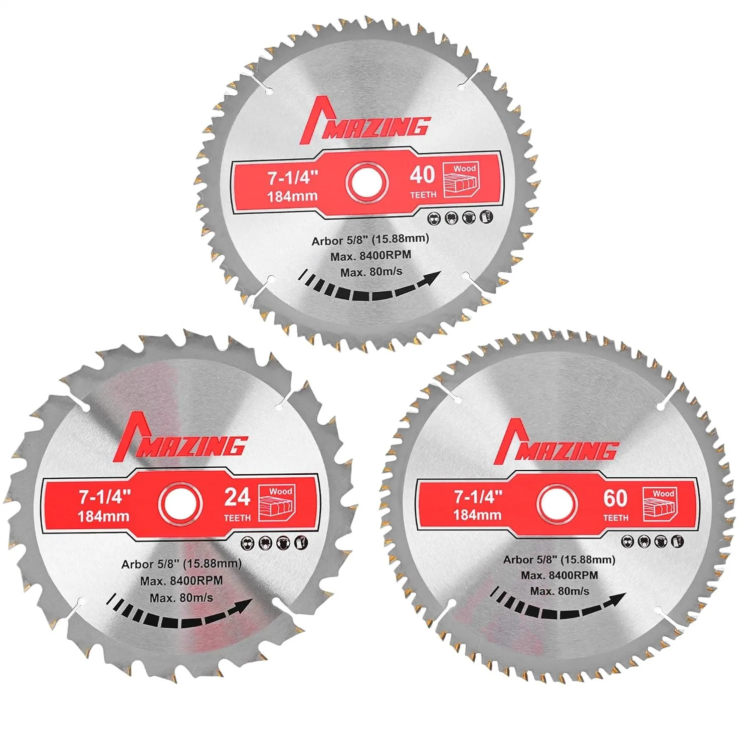 7-1/4 Inch Circular Saw Blades 3-Piece 24T 40T 60T TCT Wood Cutting with 5/8" Arbor ATB for Precision Woodworking
7-1/4 Inch Circular Saw Blades 3-Piece 24T 40T 60T TCT Wood Cutting with 5/8" Arbor ATB for Precision Woodworking