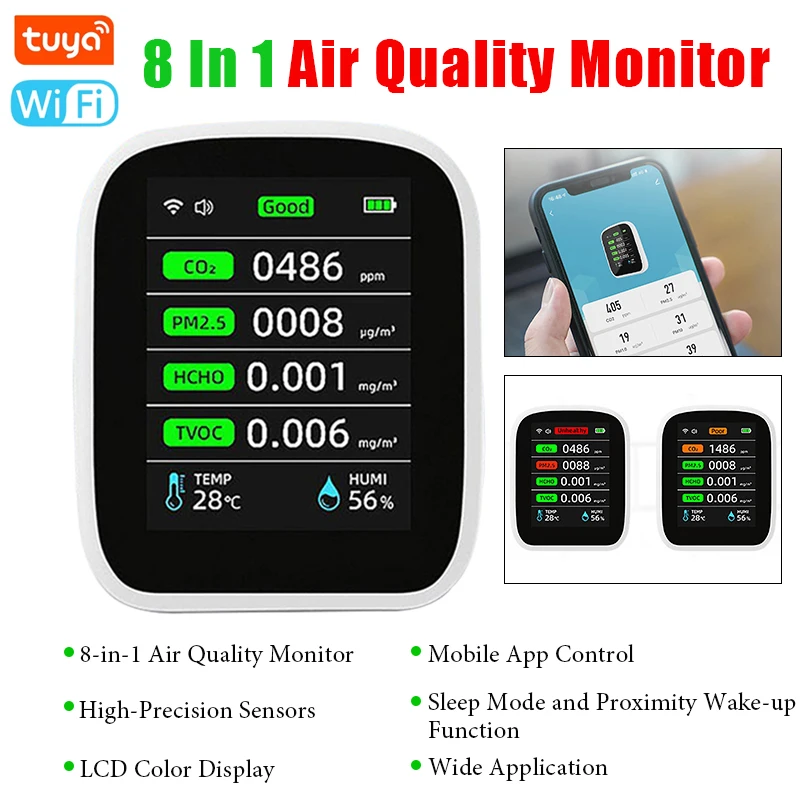 Многофункциональный (8-в-1) умный монитор качества воздуха с управлением через мобильное приложение: цифровой измеритель температуры и влажности, детектор CO2, TVOC, HCHO, PM2.5, PM1.0, PM10
Многофункциональный (8-в-1) умный монитор качества воздуха с управлением через мобильное приложение: цифровой измеритель температуры и влажности, детектор CO2, TVOC, HCHO, PM2.5, PM1.0, PM10
