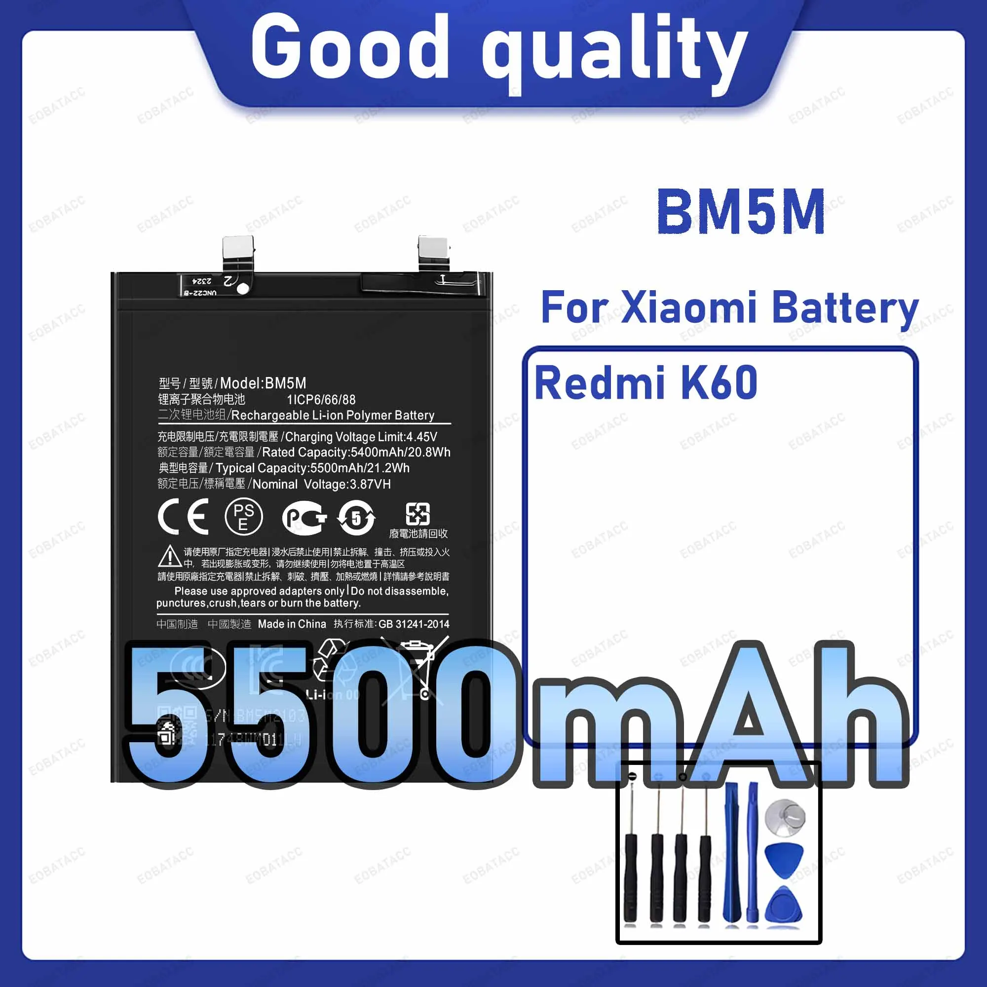 5500mAh BM5M Replacement Battery for Xiaomi Redmi K60 with Repair Tools Kit
5500mAh BM5M Replacement Battery for Xiaomi Redmi K60 with Repair Tools Kit