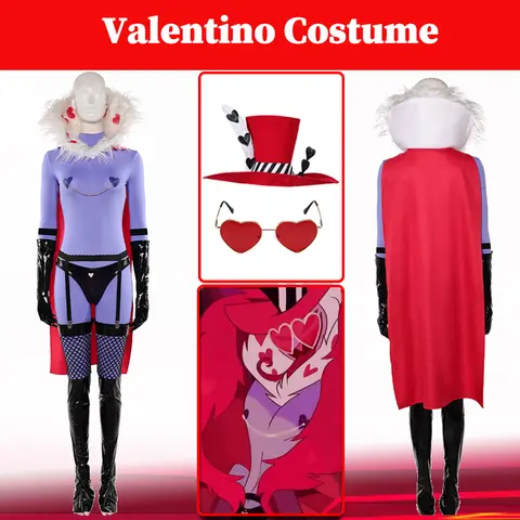 Hazzbin Valentino Cosplay Fantasia Costume TV Hell Inn Disguise Roleplay Clothing Hat Glasses Set Cloak Halloween Women Suits