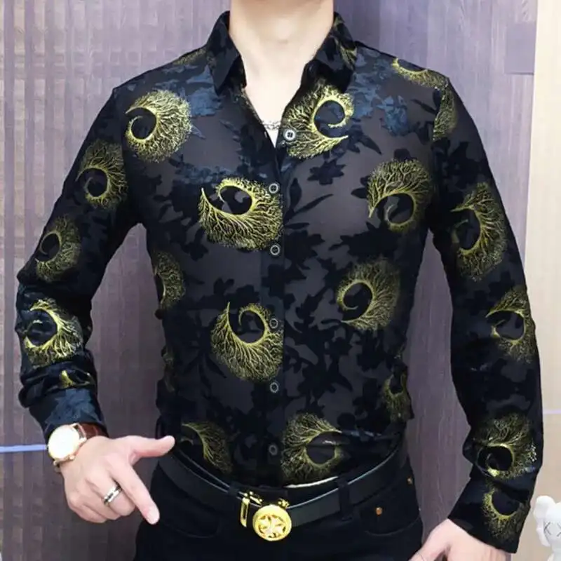 Black Gold Soft Velvet Slim-fit Men Clothing Nightclub Long Sleeved Sexy Shirt See Through Top Quality Transparent Floral Shirt
Black Gold Soft Velvet Slim-fit Men Clothing Nightclub Long Sleeved Sexy Shirt See Through Top Quality Transparent Floral Shirt