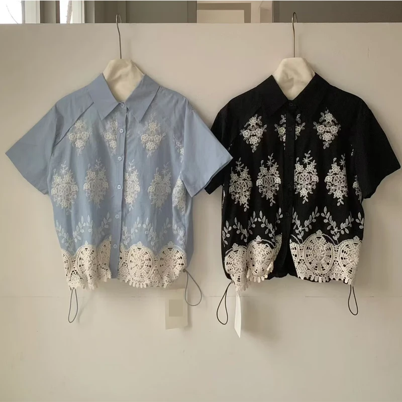 Korean Style Lace Embroidery Hollow out Short Sleeve Shirt Women's Turn-down Collar Breathable Comfortable Summer New Arrival
Korean Style Lace Embroidery Hollow out Short Sleeve Shirt Women's Turn-down Collar Breathable Comfortable Summer New Arrival