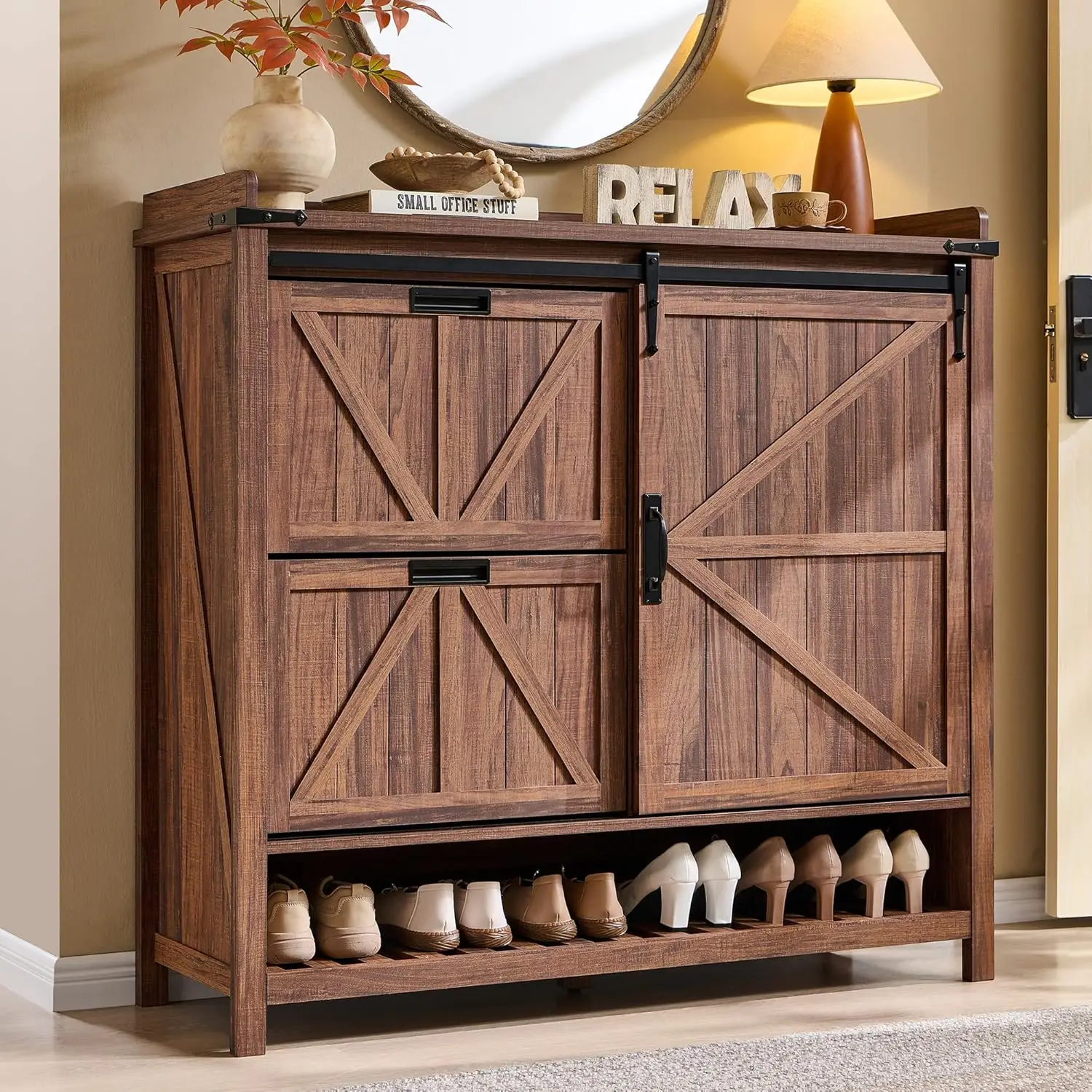 Farmhouse Entryway Shoe Cabinet with Flip Drawers and Sliding Door, Rustic Walnut Freestanding Storage Unit
Farmhouse Entryway Shoe Cabinet with Flip Drawers and Sliding Door, Rustic Walnut Freestanding Storage Unit