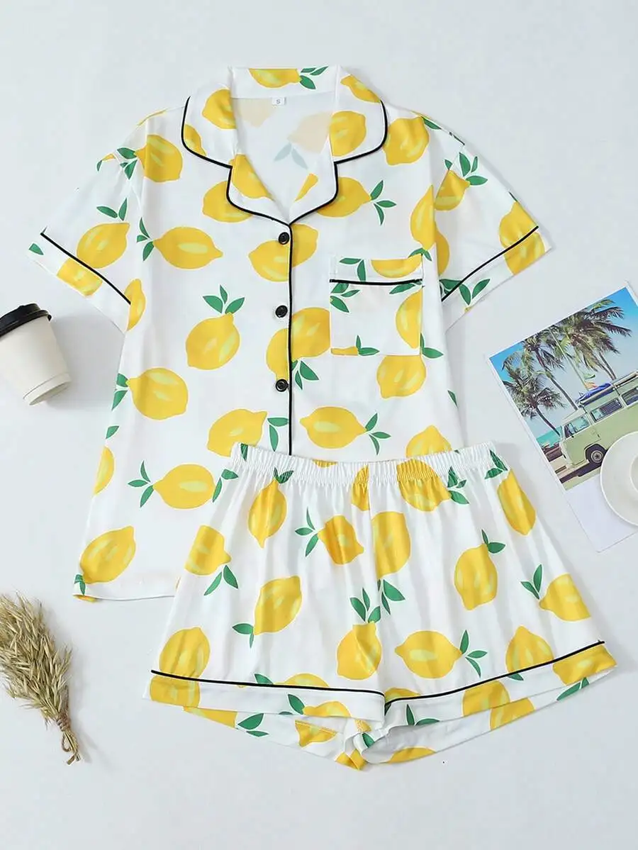 Womens Lemon Print Summer Pajama Set Short Sleeve Button Up Shirt And Shorts
Womens Lemon Print Summer Pajama Set Short Sleeve Button Up Shirt And Shorts