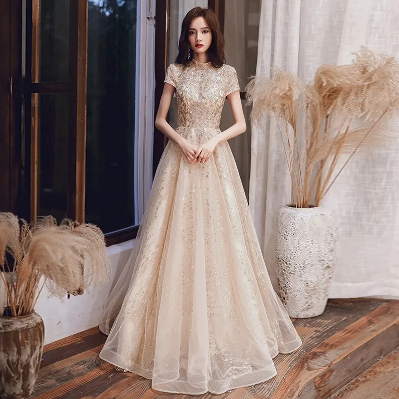 Evening Dress 2025 New Fashion Sexy Champagne Paillette Short-sleeved Stand-up A-line Formal Dress Women Elegant Party Dresses
Evening Dress 2025 New Fashion Sexy Champagne Paillette Short-sleeved Stand-up A-line Formal Dress Women Elegant Party Dresses