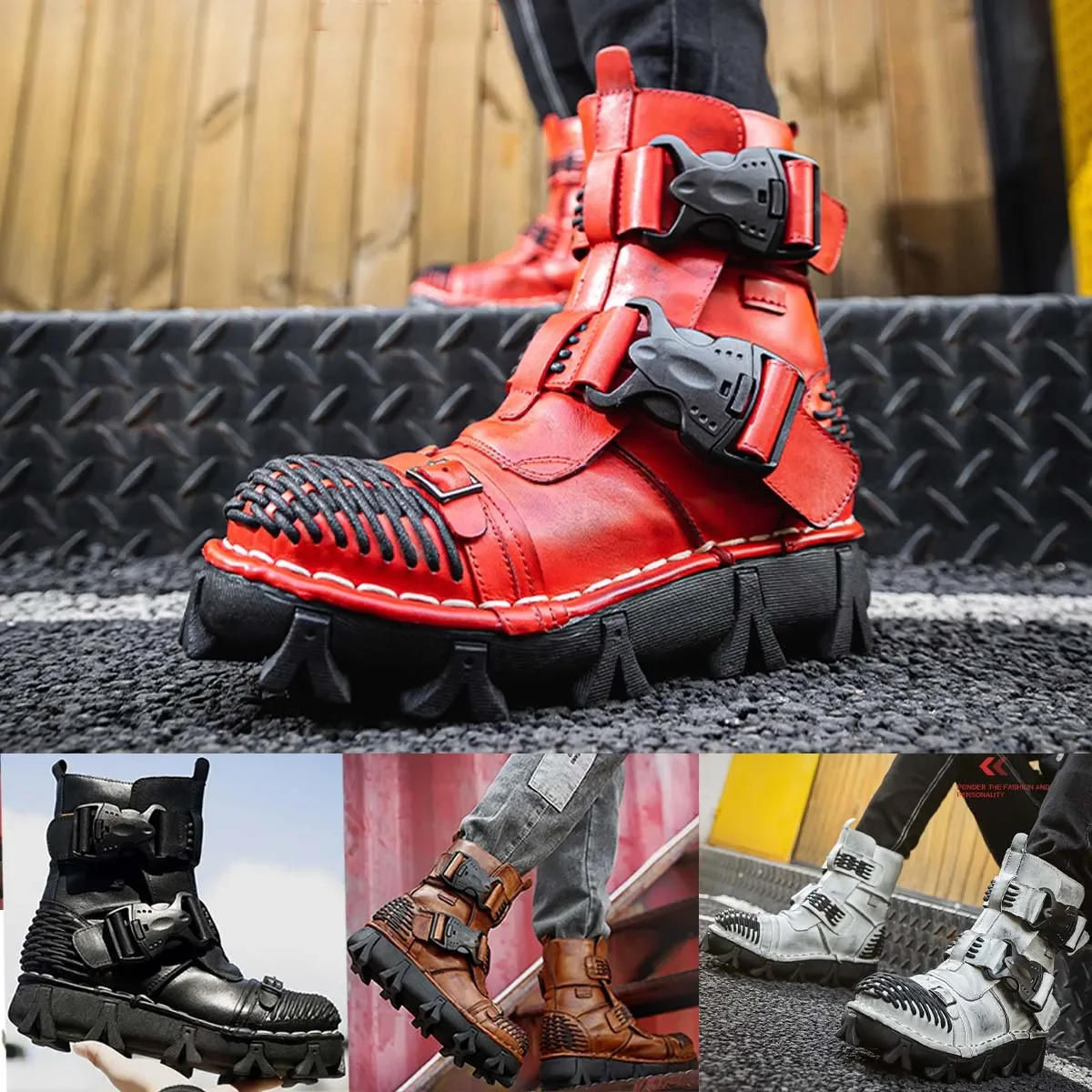 Men's Genuine Leather Motorcycle Boots Thick Sole Tactical Combat Boots Gothic Skull Punk Basic Work Shoes Red 
Men's Genuine Leather Motorcycle Boots Thick Sole Tactical Combat Boots Gothic Skull Punk Basic Work Shoes Red