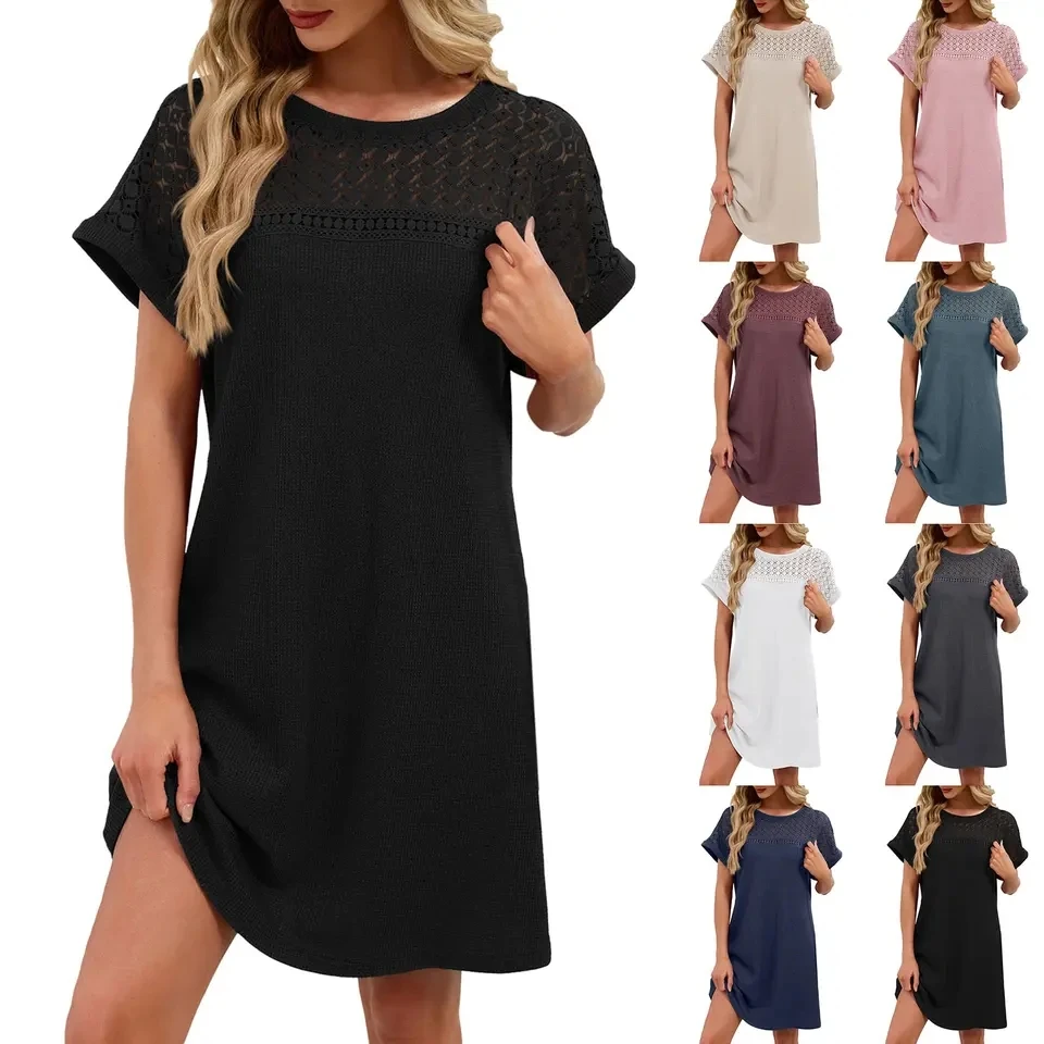 Fashionable Short Sleeved T Shirt Dress Women Summer Lace Splicing Casual Sundress Solid Color Crew Neck Loose Dresses Vestidos
Fashionable Short Sleeved T Shirt Dress Women Summer Lace Splicing Casual Sundress Solid Color Crew Neck Loose Dresses Vestidos
