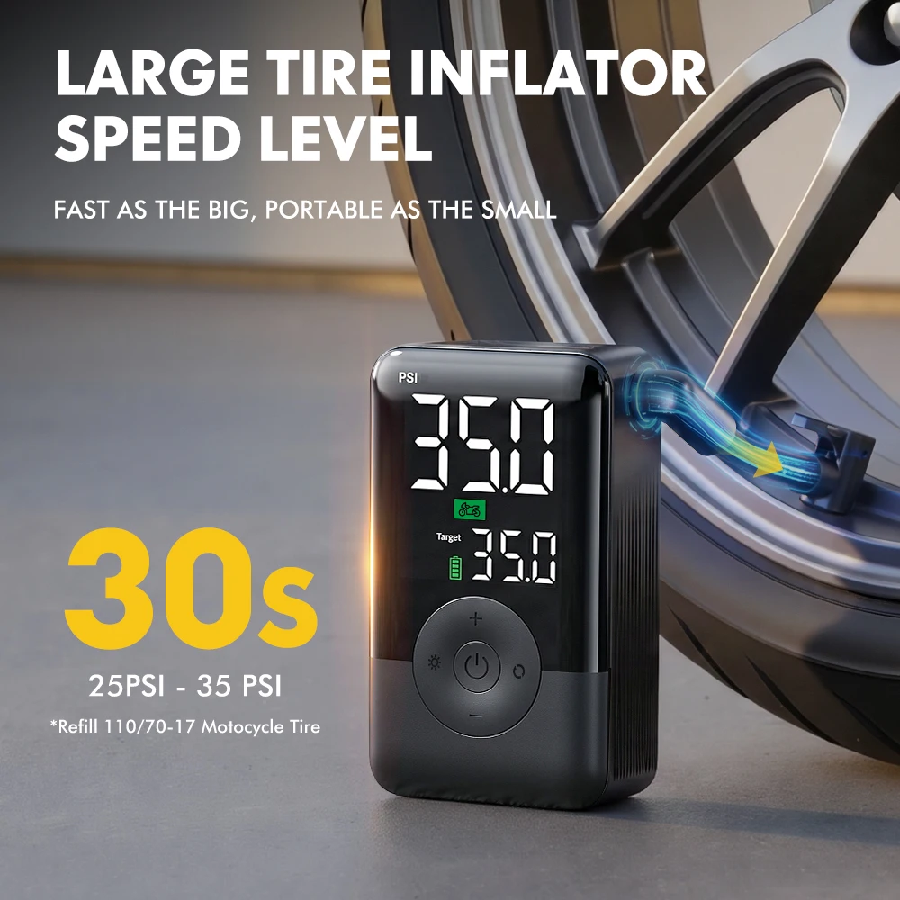 CARSUN Motorcycle Cordless Tire Inflator – 150PSI Portable Digital Air Compressor, Rechargeable Pump with LED Light for Bike
CARSUN Motorcycle Cordless Tire Inflator – 150PSI Portable Digital Air Compressor, Rechargeable Pump with LED Light for Bike