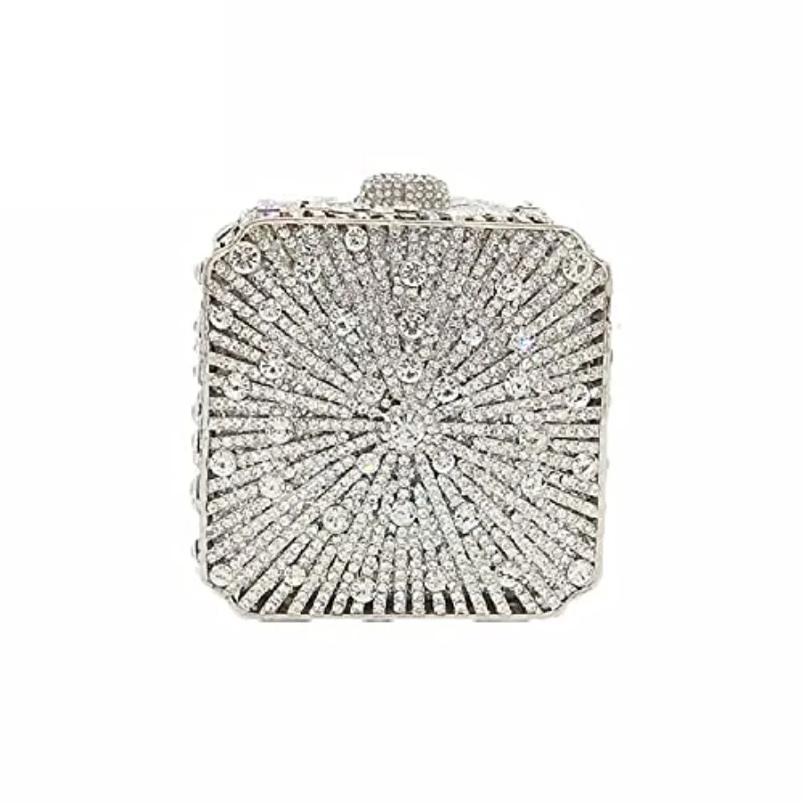 Evening clutch purse for weddings and parties: metal box frame, crystal rhinestone embellishment, silver tone, compact mini siz
Evening clutch purse for weddings and parties: metal box frame, crystal rhinestone embellishment, silver tone, compact mini siz