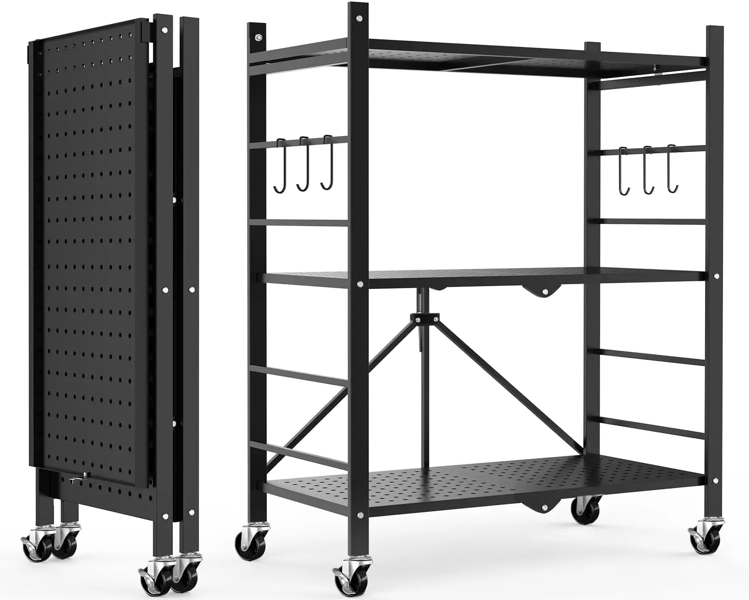 3-Tier Rolling Storage Shelf with 6 Hooks, Heavy Duty Metal Utility Cart for Kitchen, Pantry, No Assembly Needed
3-Tier Rolling Storage Shelf with 6 Hooks, Heavy Duty Metal Utility Cart for Kitchen, Pantry, No Assembly Needed