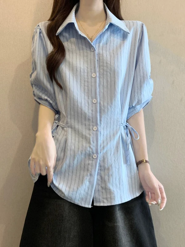 Light Blue Striped Short Sleeve Shirt Women's Summer New plus Size Waist Cinched Sweet And Salty Shoulder Top Korean Style
Light Blue Striped Short Sleeve Shirt Women's Summer New plus Size Waist Cinched Sweet And Salty Shoulder Top Korean Style