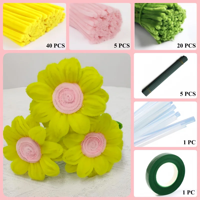 65 PCS * Pipe Cleaner Chenille Stems Sunflower Making Kit DIY Art Flower Bouquet Craft Set Hot Glue Sticks Tape
65 PCS * Pipe Cleaner Chenille Stems Sunflower Making Kit DIY Art Flower Bouquet Craft Set Hot Glue Sticks Tape