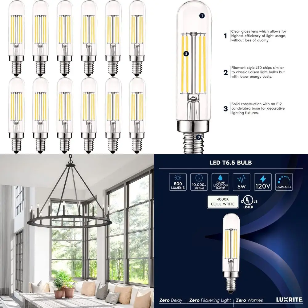 60W Equivalent Vintage LED Bulb, T6/T6.5, 4000K Cool White, 500 Lumens, Dimmable, 5W Candelabra, Clear Glass, Edison Filament St
60W Equivalent Vintage LED Bulb, T6/T6.5, 4000K Cool White, 500 Lumens, Dimmable, 5W Candelabra, Clear Glass, Edison Filament St