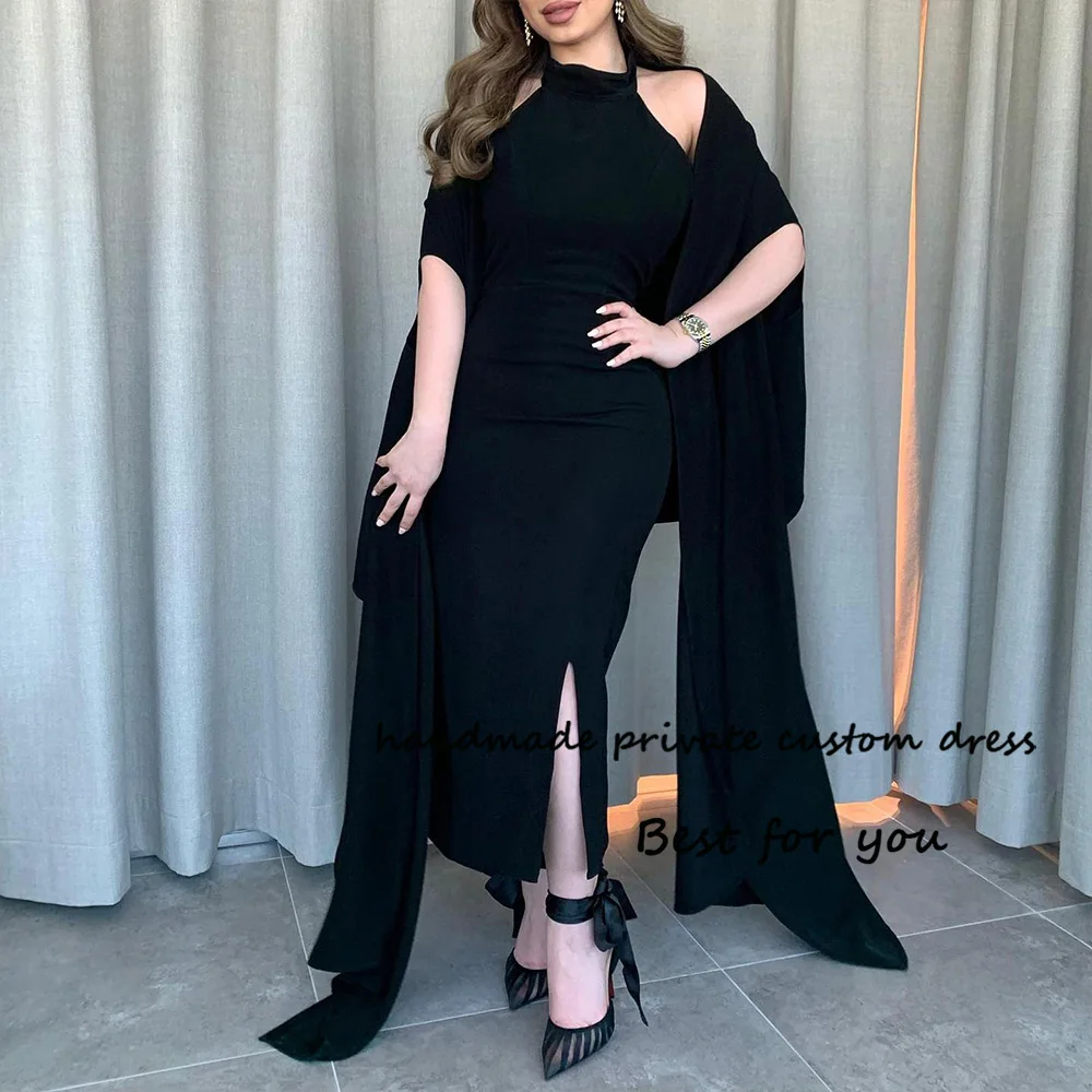 Black Mermaid Evening Dresses with Jacket High Neck Tight Long Satin Dubai Arabic Prom Party Dress with Slit Formal Gown
Black Mermaid Evening Dresses with Jacket High Neck Tight Long Satin Dubai Arabic Prom Party Dress with Slit Formal Gown