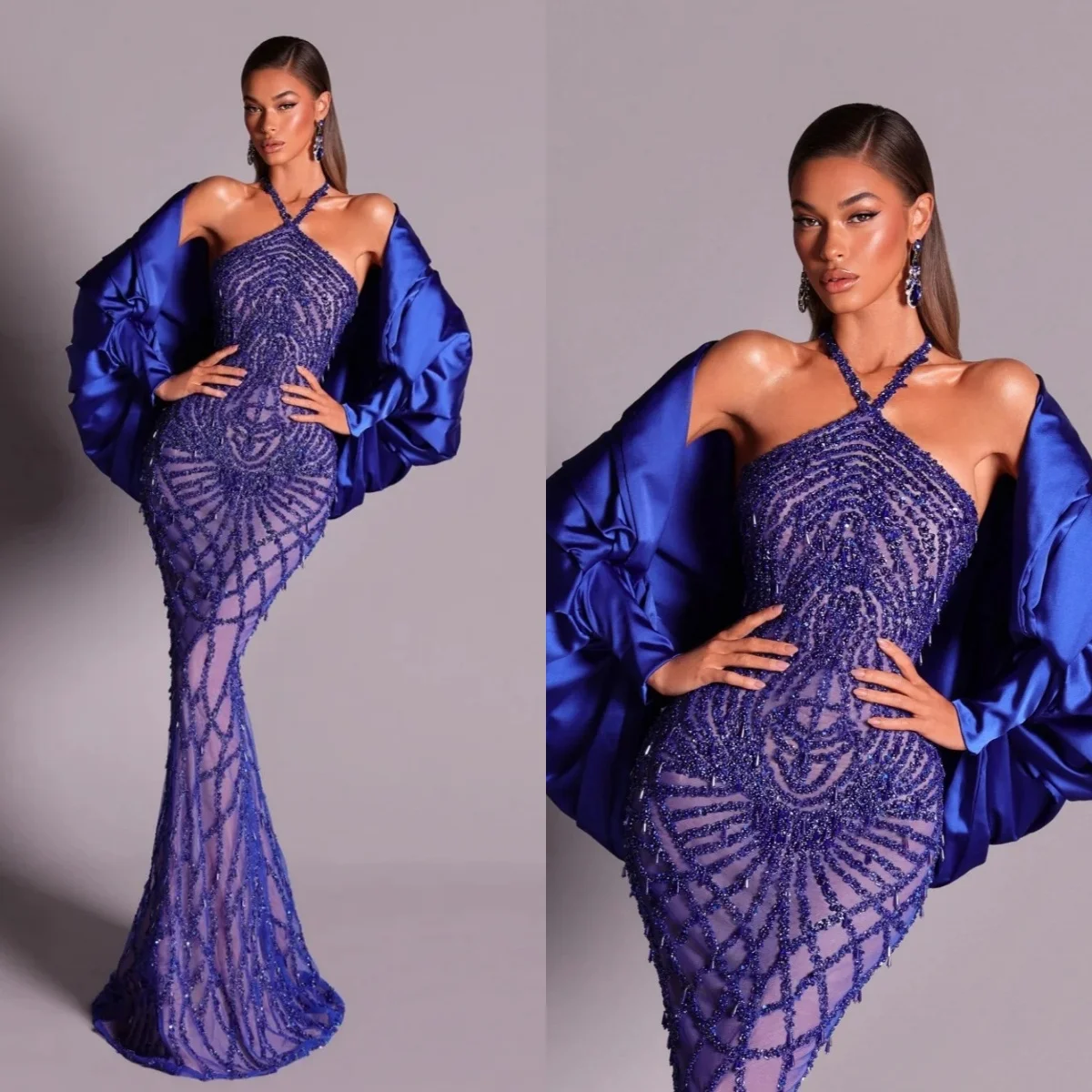Stylish Evening Dresses Halter Sequin Pearls Prom Gown Detachable Cape Mermaid Illusion Princess Customized Vestidos De Noche
Stylish Evening Dresses Halter Sequin Pearls Prom Gown Detachable Cape Mermaid Illusion Princess Customized Vestidos De Noche