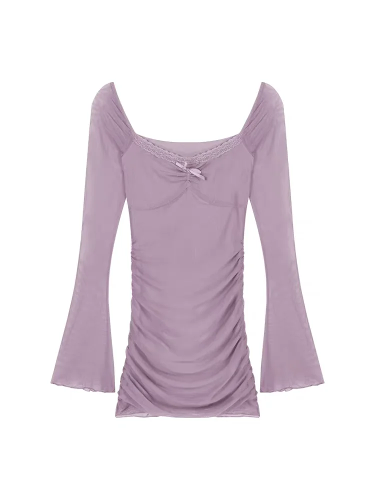2025 Spring New Women Mesh Dress Long Sleeve Solid Color Sexy U Neck Purple Short Dresses Off Shoulder Package Hip Dress
2025 Spring New Women Mesh Dress Long Sleeve Solid Color Sexy U Neck Purple Short Dresses Off Shoulder Package Hip Dress
