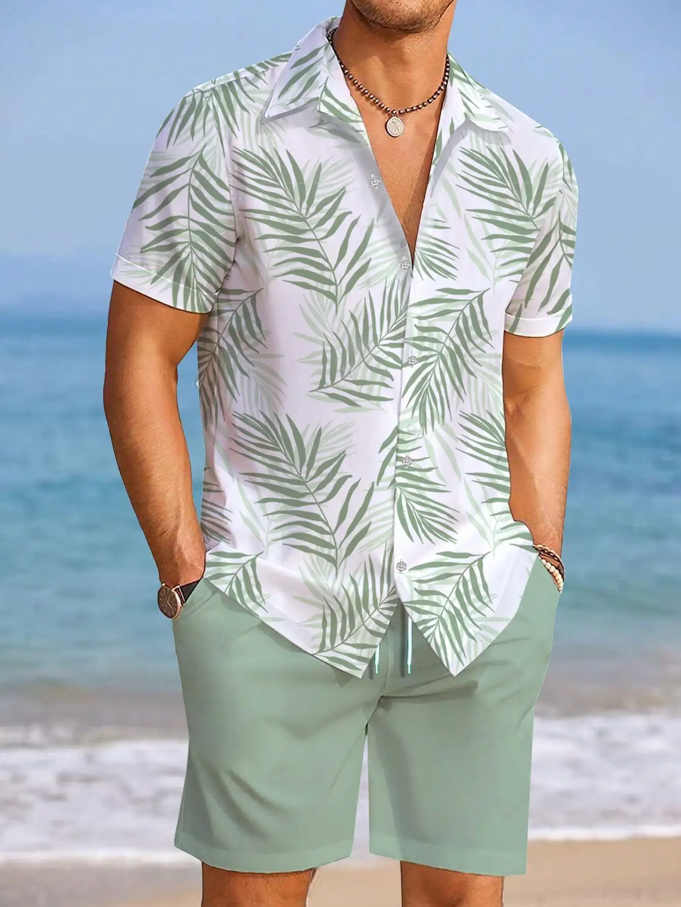 Mens Tropical Leaf Print Short Sleeve Button-Up Shirt And Matching Shorts Set
Mens Tropical Leaf Print Short Sleeve Button-Up Shirt And Matching Shorts Set