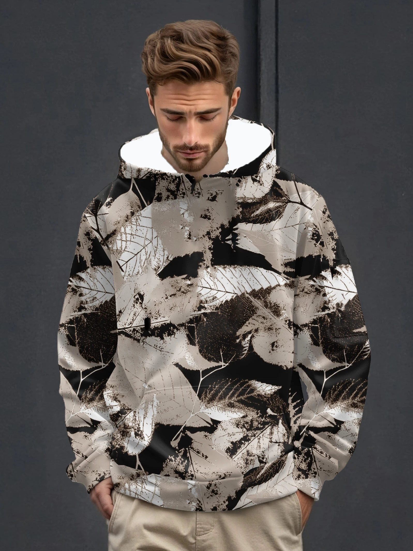 Men's Black And White Leaf Print Hoodie Stylish Botanical Pattern Long Sleeve Casual Top Trendy Apparel For Daily Wear
Men's Black And White Leaf Print Hoodie Stylish Botanical Pattern Long Sleeve Casual Top Trendy Apparel For Daily Wear