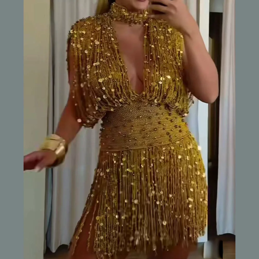 Beachapche Women's Gold Crochet Tassel Mini Dress High Neck Sequin Embellished Backless Party Cocktail Dress
Beachapche Women's Gold Crochet Tassel Mini Dress High Neck Sequin Embellished Backless Party Cocktail Dress