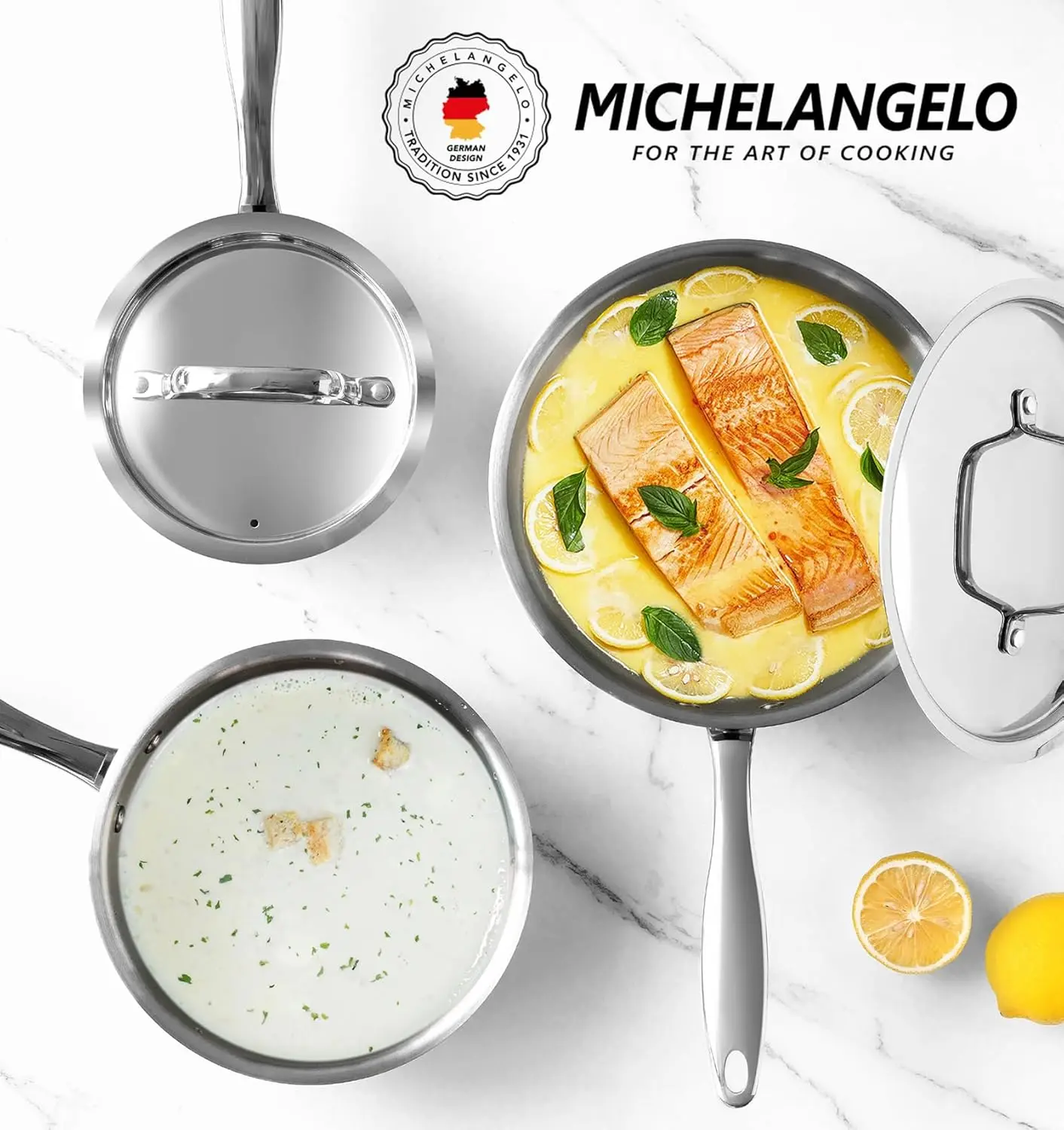 MICHELANGELO 304 Stainless Steel Soup Pot Set, Professional Three-layer Composite Pot Bottom, Suitable for All Stoves and Ovens
MICHELANGELO 304 Stainless Steel Soup Pot Set, Professional Three-layer Composite Pot Bottom, Suitable for All Stoves and Ovens