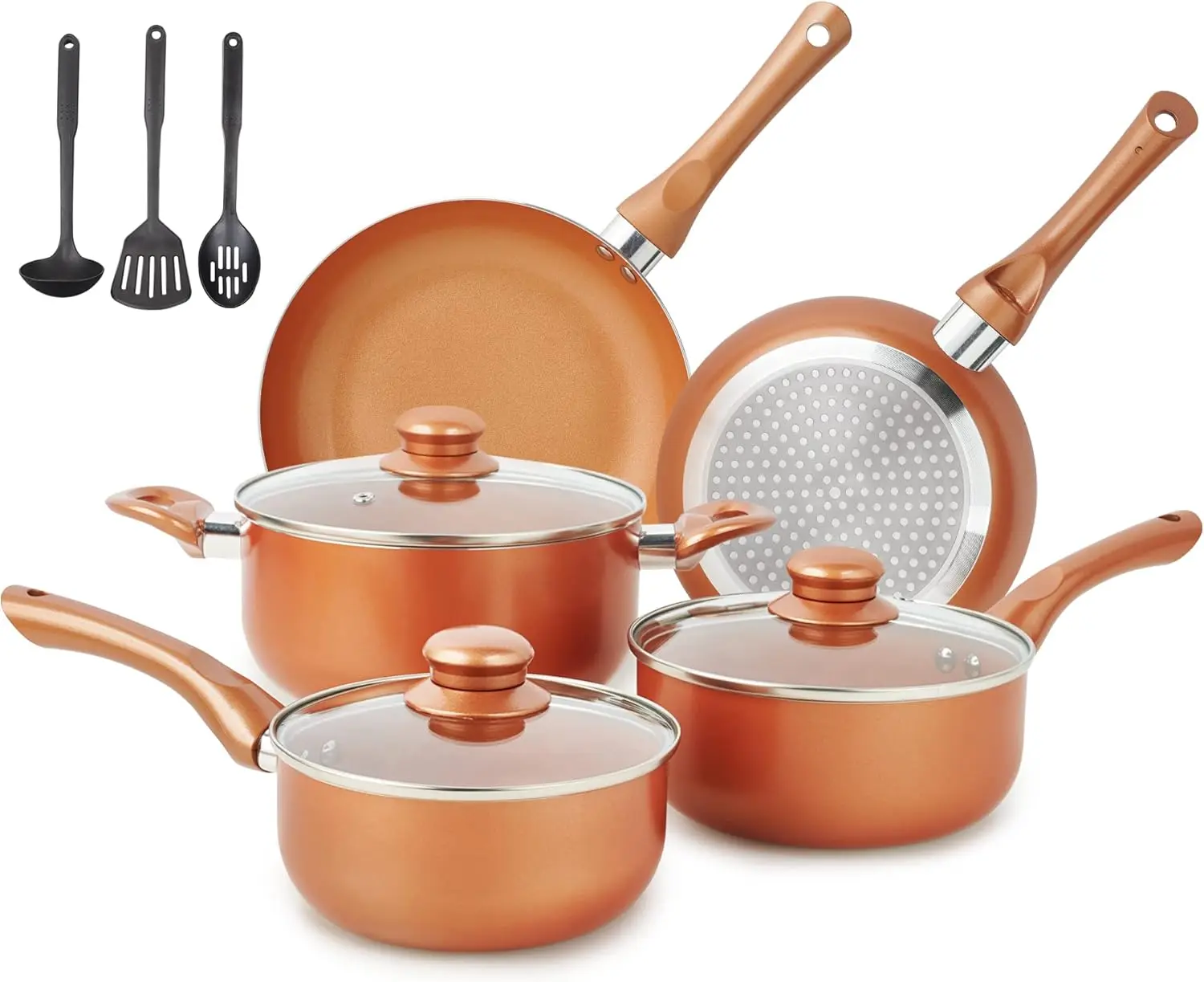 11pcs Nonstick Pots and Pans Set, Ceramic Coating Copper Cookware, Stay Cool Handle, Induction Compatible, PFOA Free
11pcs Nonstick Pots and Pans Set, Ceramic Coating Copper Cookware, Stay Cool Handle, Induction Compatible, PFOA Free