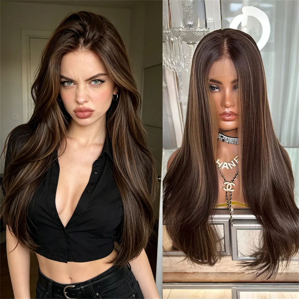 Dark Brown Glueless Synthetic Wig 26 Inches Natural Straight with Highlights Easy to Wear 13*4 HD Transparent Lace Front Wig
Dark Brown Glueless Synthetic Wig 26 Inches Natural Straight with Highlights Easy to Wear 13*4 HD Transparent Lace Front Wig