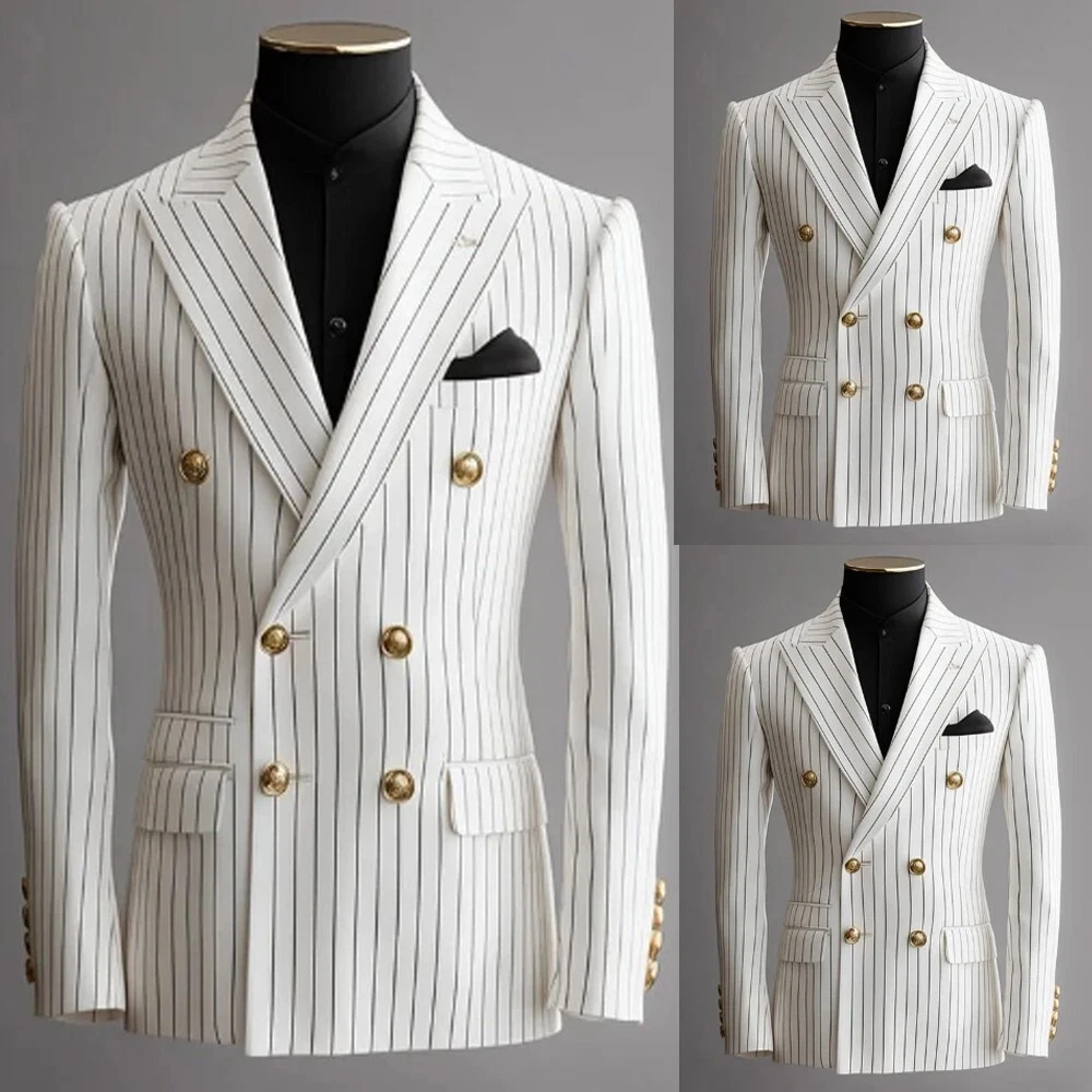 Elegant White Pinstripe Men's Suits Formal Double Breasted Peak Lapel Slim Fit Male Clothing High Quality Wedding Outfits Blazer
Elegant White Pinstripe Men's Suits Formal Double Breasted Peak Lapel Slim Fit Male Clothing High Quality Wedding Outfits Blazer