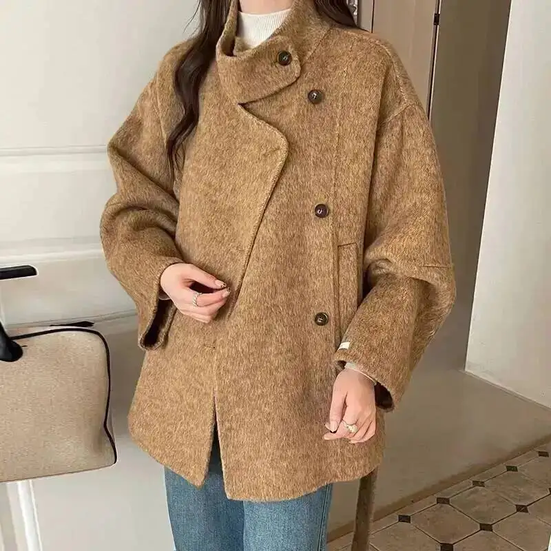 Drop Stand Collar Shoulder Womens Double-faced Woolen Coat Asymmetrical Single Breaste Reversible Overcoat Wit GCSH
Drop Stand Collar Shoulder Womens Double-faced Woolen Coat Asymmetrical Single Breaste Reversible Overcoat Wit GCSH