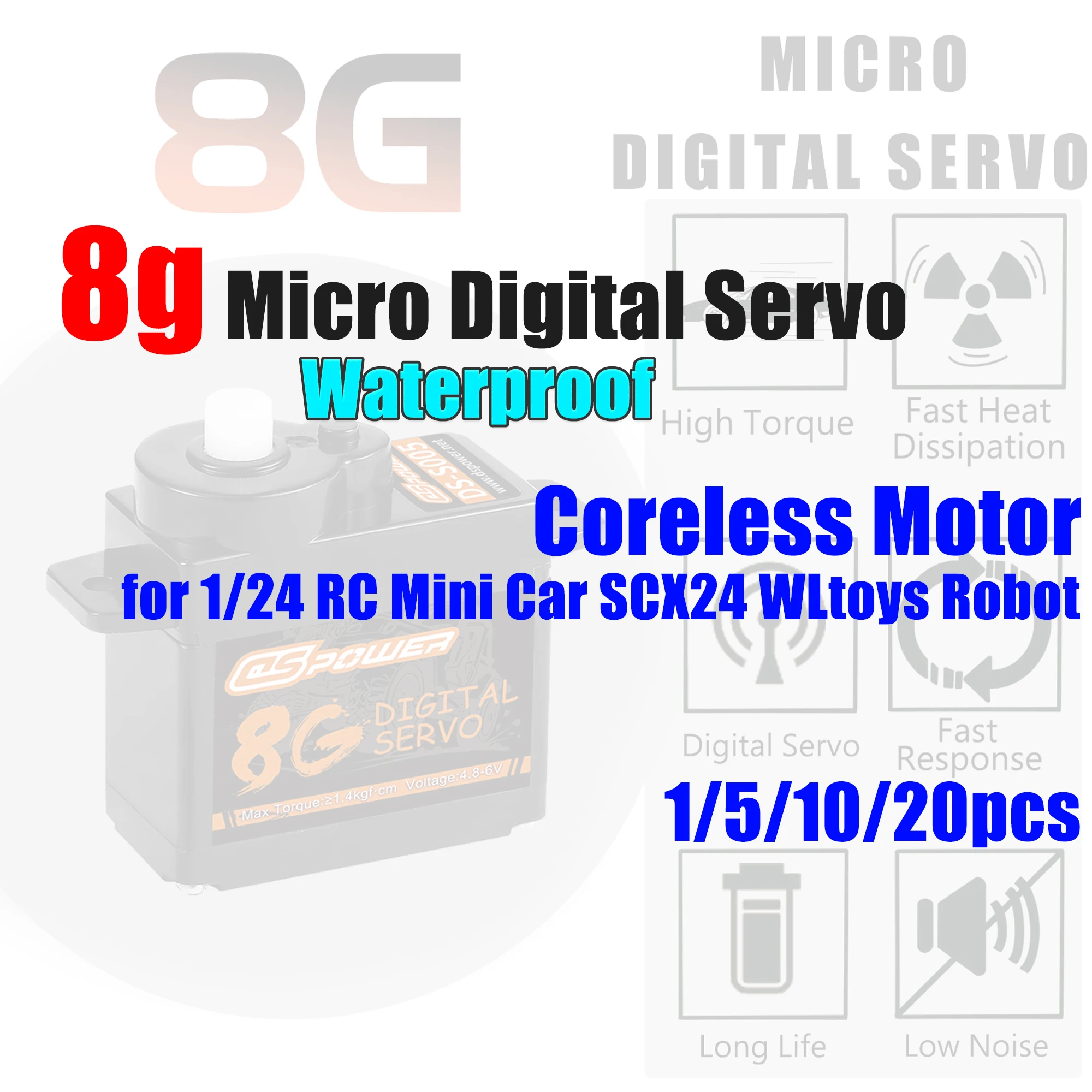 DSPOWER 8g Micro Digital Servo Waterproof Coreless Motor 1.4kgf.cm for 1/24 RC Mini Car SCX24 WLtoys K969 K999 Airplane Robot
DSPOWER 8g Micro Digital Servo Waterproof Coreless Motor 1.4kgf.cm for 1/24 RC Mini Car SCX24 WLtoys K969 K999 Airplane Robot