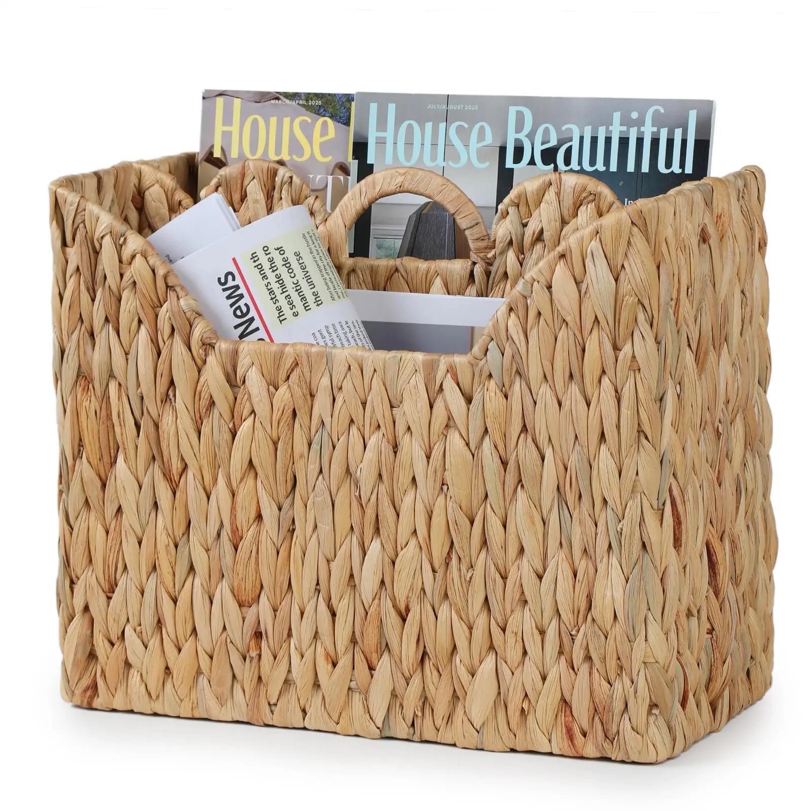 Natural Water Hyacinth Woven Magazine Caddy With Dual Sections, Scalloped Top And Carry Handle For Home Office Or Living Space
Natural Water Hyacinth Woven Magazine Caddy With Dual Sections, Scalloped Top And Carry Handle For Home Office Or Living Space