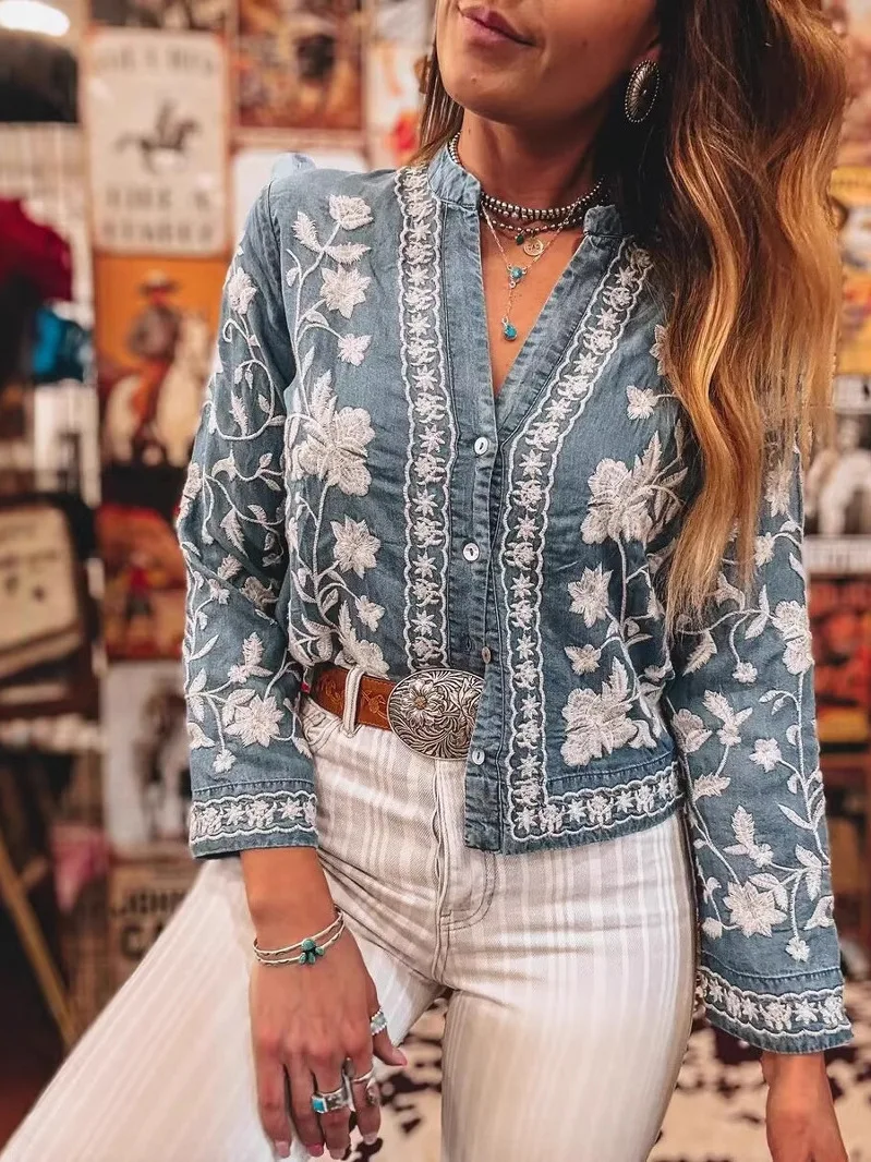 Elegant Women's Embroidered Denim Shirt Spring Summer V-Neck Button Long Sleeve Cotton Regenerated Cellulose Fiber A-Line Sleeve
Elegant Women's Embroidered Denim Shirt Spring Summer V-Neck Button Long Sleeve Cotton Regenerated Cellulose Fiber A-Line Sleeve