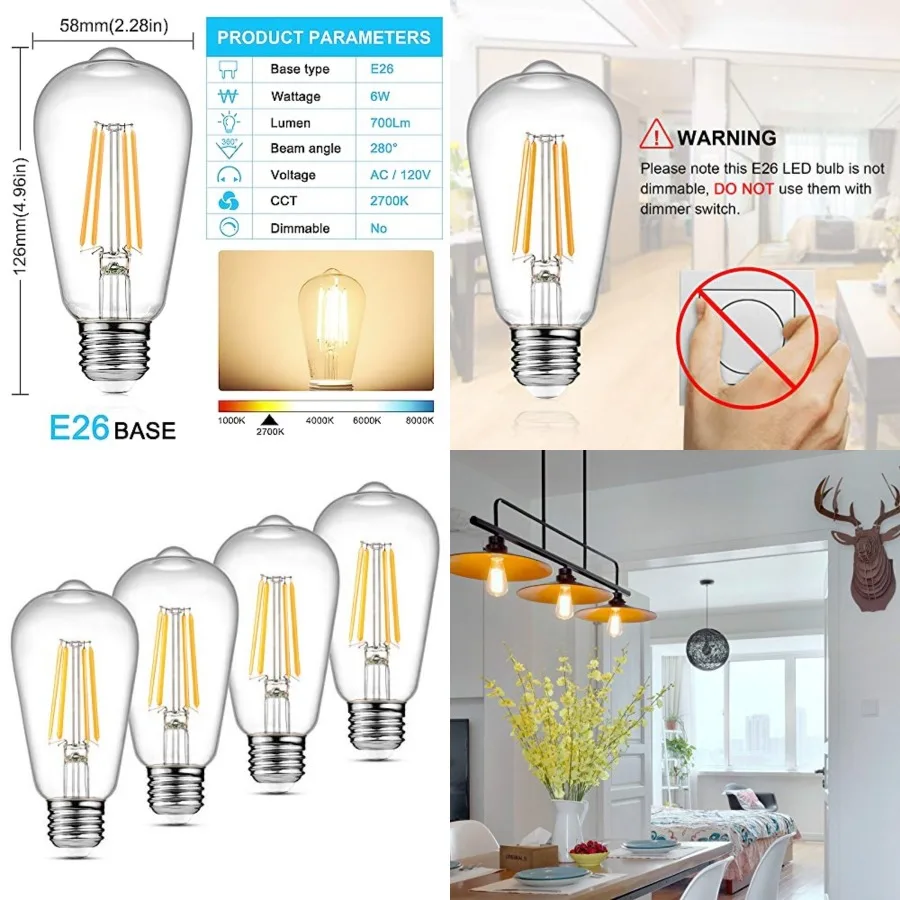 Vintage LED Edison Bulbs, 6W, Equivalent 60W, Non-Dimmable, High Brightness, ST58 Antique LED Filament Bulbs with 80+ CRI, E26
Vintage LED Edison Bulbs, 6W, Equivalent 60W, Non-Dimmable, High Brightness, ST58 Antique LED Filament Bulbs with 80+ CRI, E26