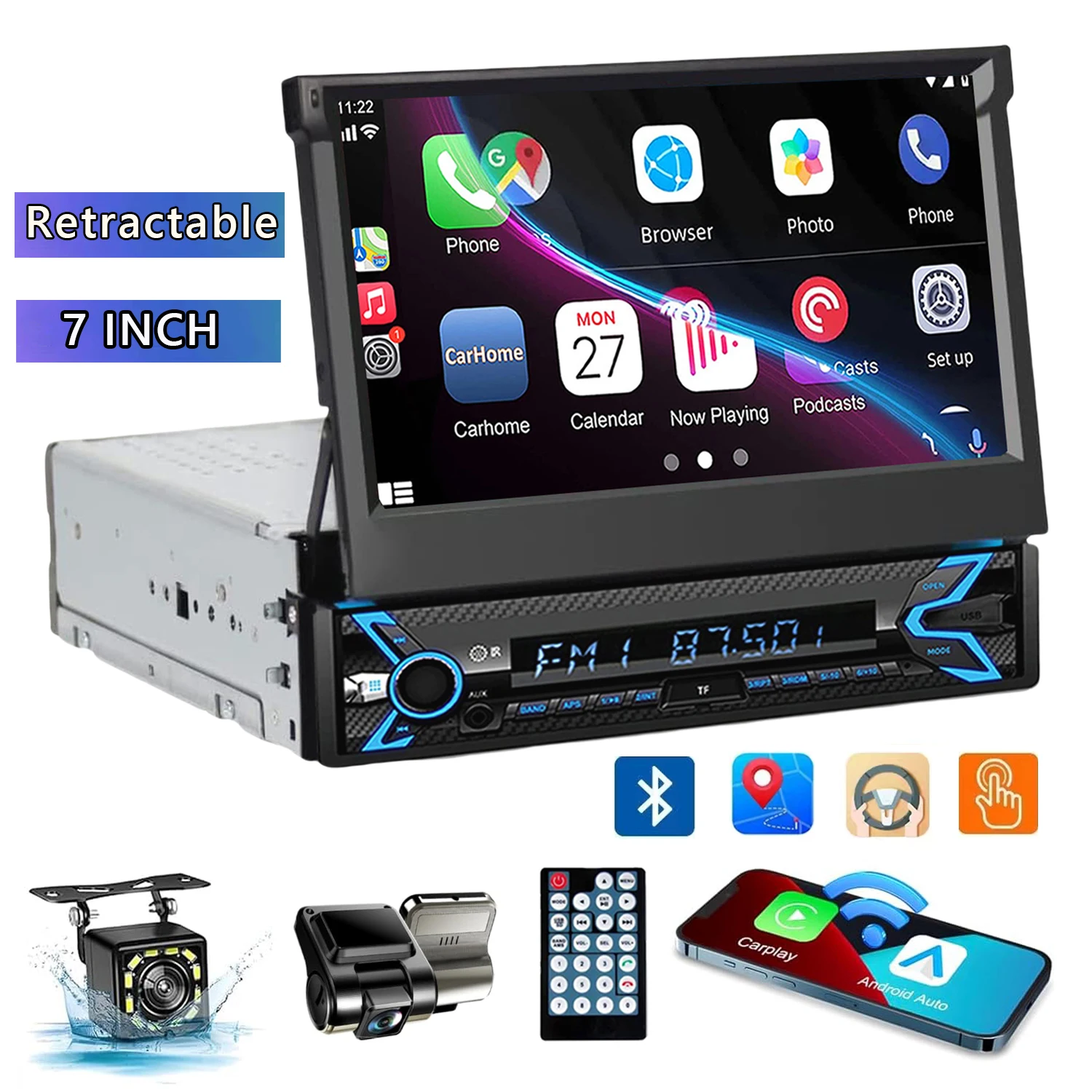 7 Inch Retractable Car Radio Stereo 1 Din HD Touch Screen Car Video Player with Dash Cam & Backup Camera Navigation AUX/FM/USB
7 Inch Retractable Car Radio Stereo 1 Din HD Touch Screen Car Video Player with Dash Cam & Backup Camera Navigation AUX/FM/USB