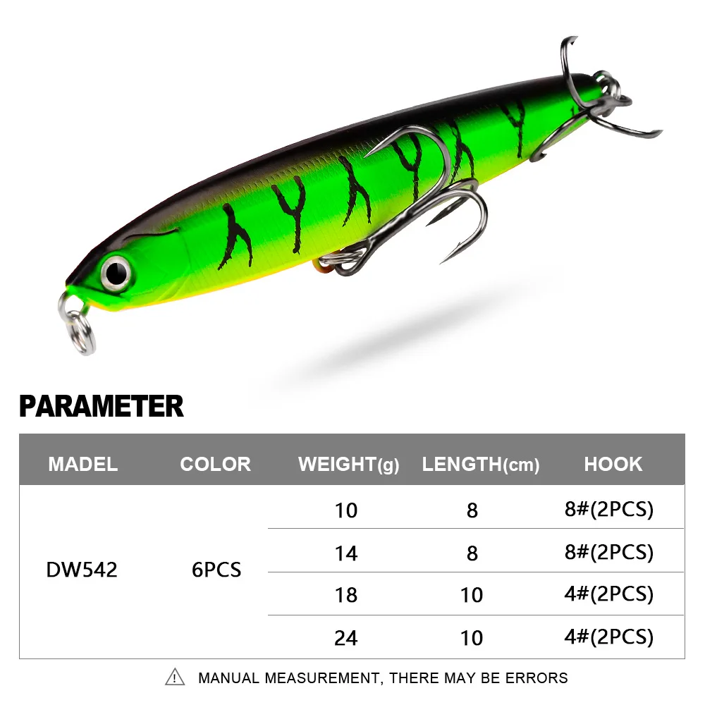 1pcs Fishing Lure 8-10cm 10-24g Hard Artificial Penceil Lure 6 Color Minnow Crankbait Fishing Baits 8#/4# Treble hook dw542
1pcs Fishing Lure 8-10cm 10-24g Hard Artificial Penceil Lure 6 Color Minnow Crankbait Fishing Baits 8#/4# Treble hook dw542