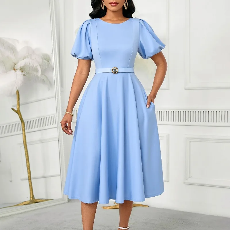 Women's Dress Summer New Fashionable Bubble Sleeves Elegant High Waist Solid Color Round Neck Large Skirt Dress
Women's Dress Summer New Fashionable Bubble Sleeves Elegant High Waist Solid Color Round Neck Large Skirt Dress