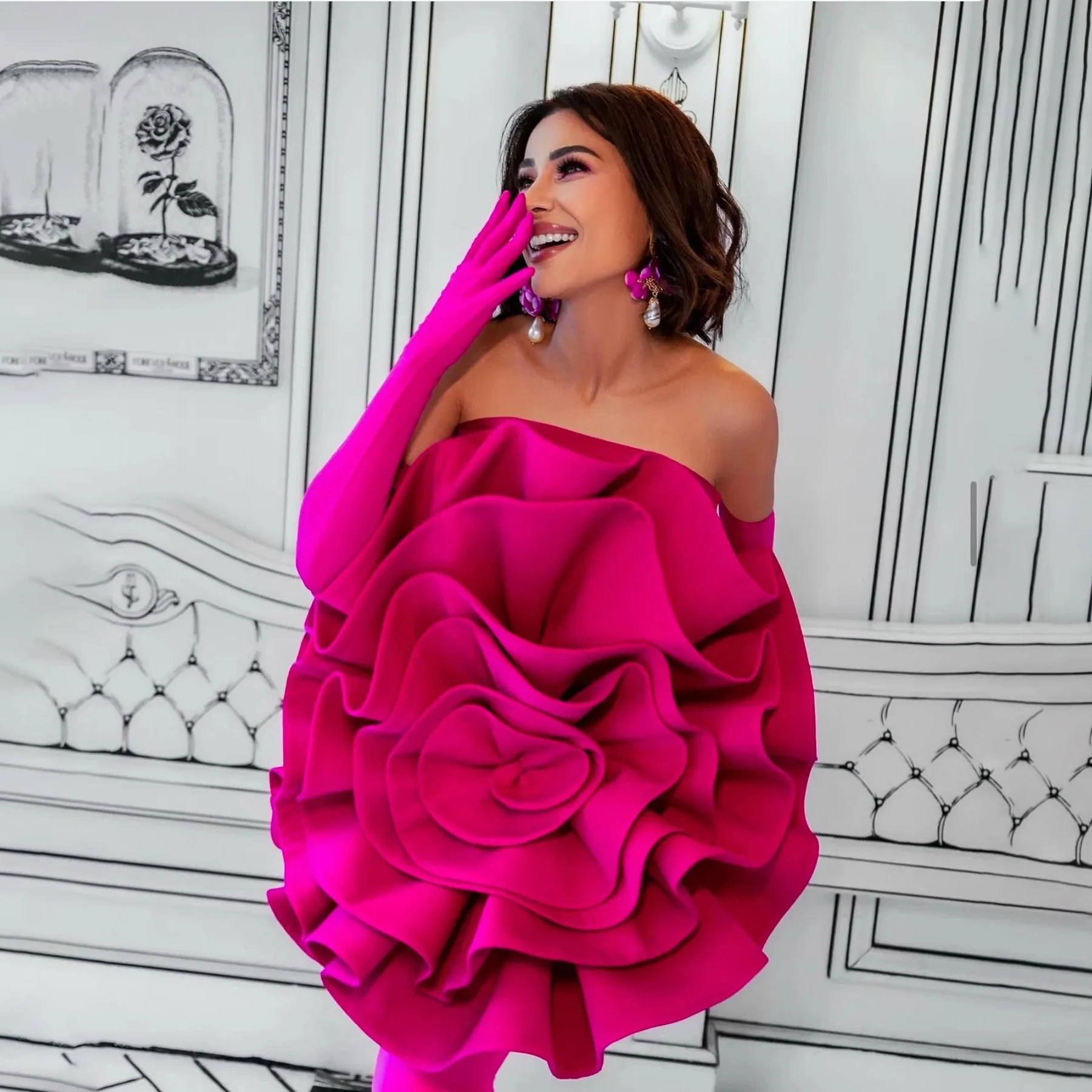 Fuchsia Women Dresses To Party Handmade Flower Short Prom Gowns Pleated Strapless Bloom Mini Dress Mini Length Off Shoulder 
Fuchsia Women Dresses To Party Handmade Flower Short Prom Gowns Pleated Strapless Bloom Mini Dress Mini Length Off Shoulder