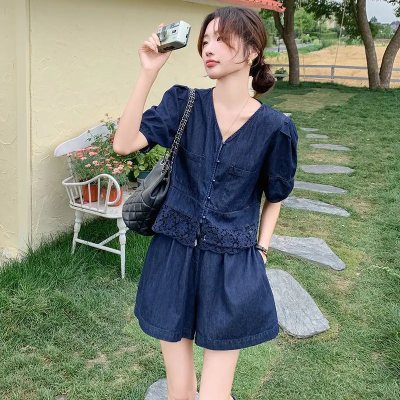 Women's Denim Two-Piece Set with Lace Trim
Women's Denim Two-Piece Set with Lace Trim