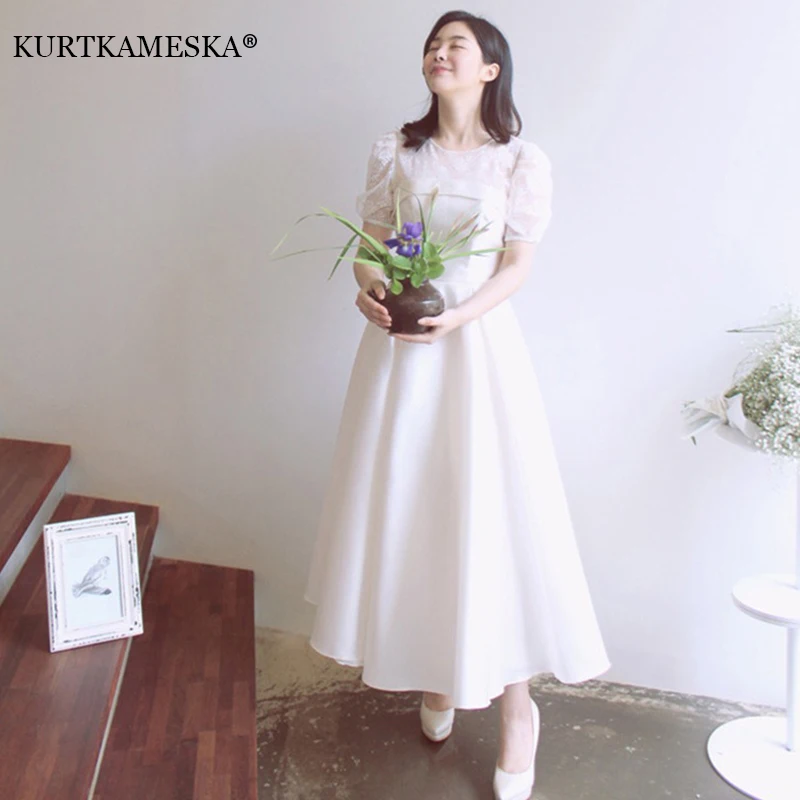 White Lace Puff Short Sleeve Satin Wedding Dresses For Women Sheer Floral O-Neck A-Line Ankle Length Simple Bridal Gown Dress
White Lace Puff Short Sleeve Satin Wedding Dresses For Women Sheer Floral O-Neck A-Line Ankle Length Simple Bridal Gown Dress