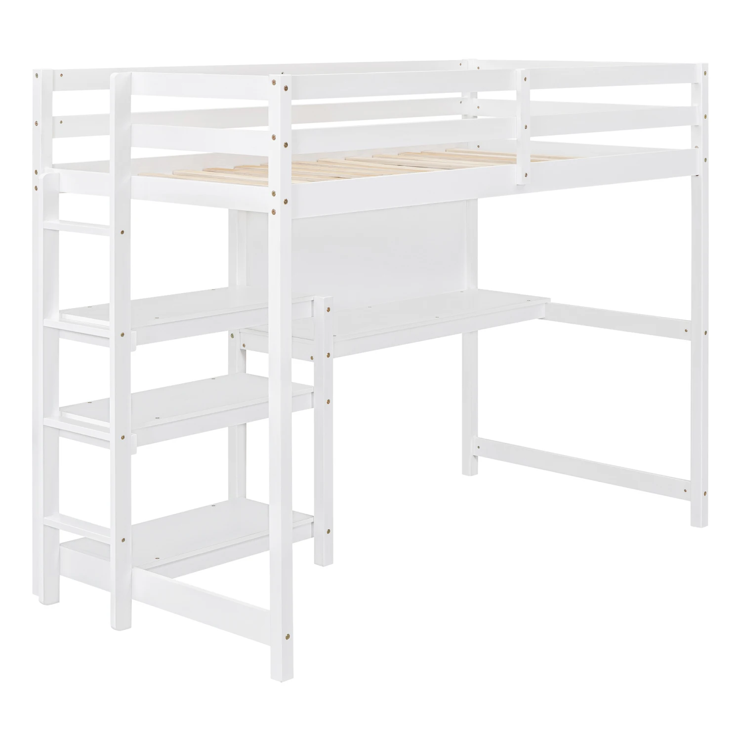 Twin Size Wooden Loft Bed with Shelves, Desk, Writing Board - White
Twin Size Wooden Loft Bed with Shelves, Desk, Writing Board - White