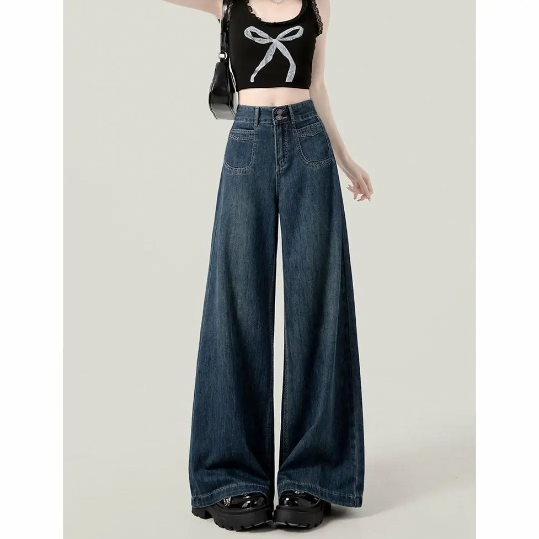 Blue high-waisted wide-leg jeans for women, summer slimming for pear-shaped body, drapey, loose straight-leg floor-length pants
Blue high-waisted wide-leg jeans for women, summer slimming for pear-shaped body, drapey, loose straight-leg floor-length pants