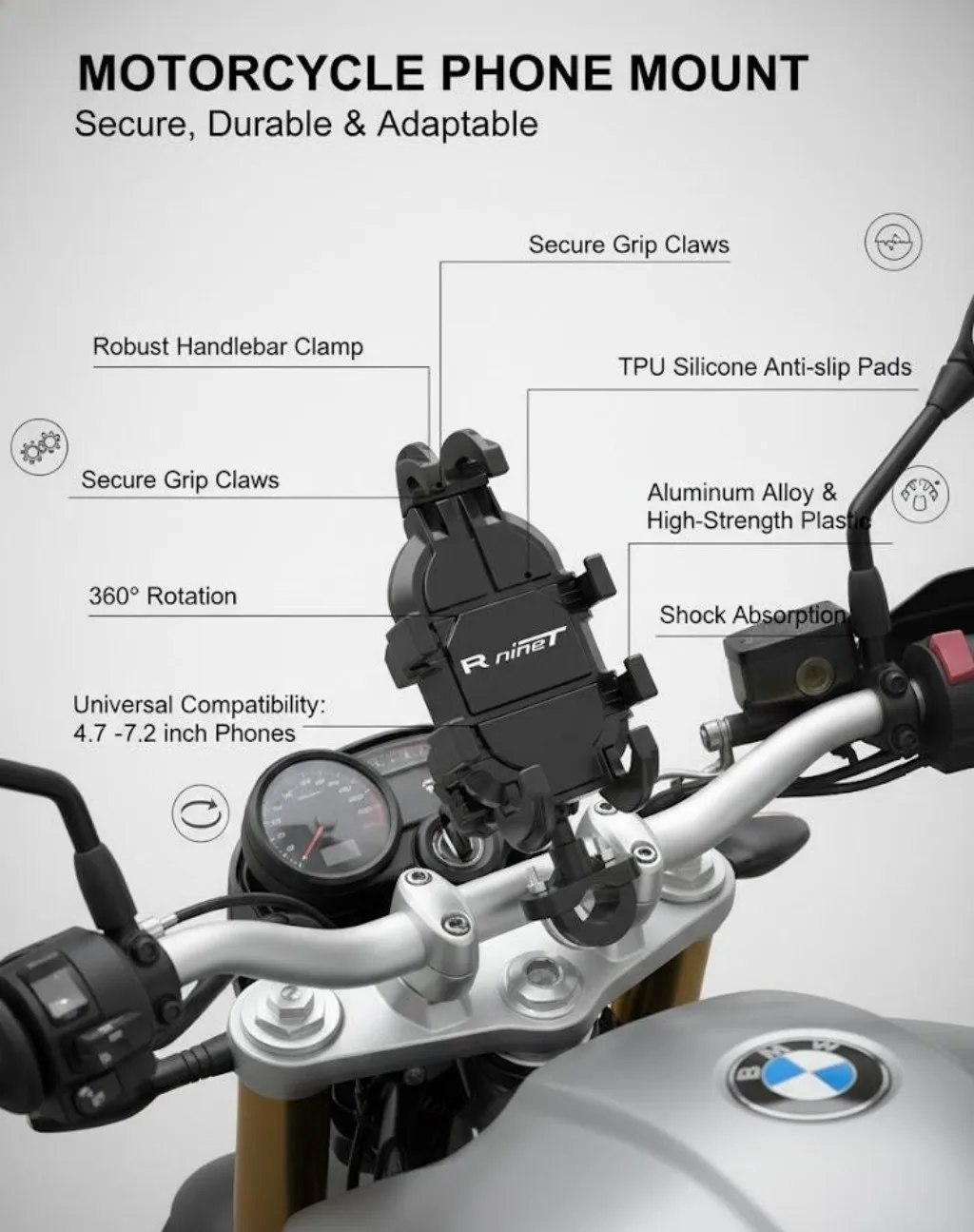 Новый металлический держатель для телефона для BMW R NINE T R NINET RNINET Cafe Racer Pure Scrambler 2017-2023, амортизатор, противоскользящий
Новый металлический держатель для телефона для BMW R NINE T R NINET RNINET Cafe Racer Pure Scrambler 2017-2023, амортизатор, противоскользящий