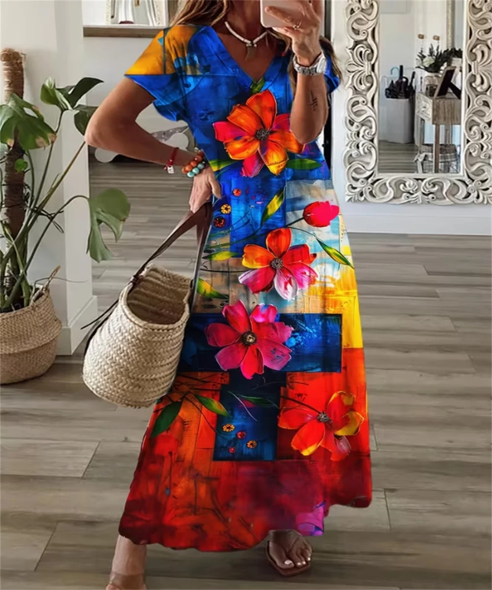 Ladies' new summer oil colored floral print dress V-neck short sleeved loose casual long skirt
Ladies' new summer oil colored floral print dress V-neck short sleeved loose casual long skirt