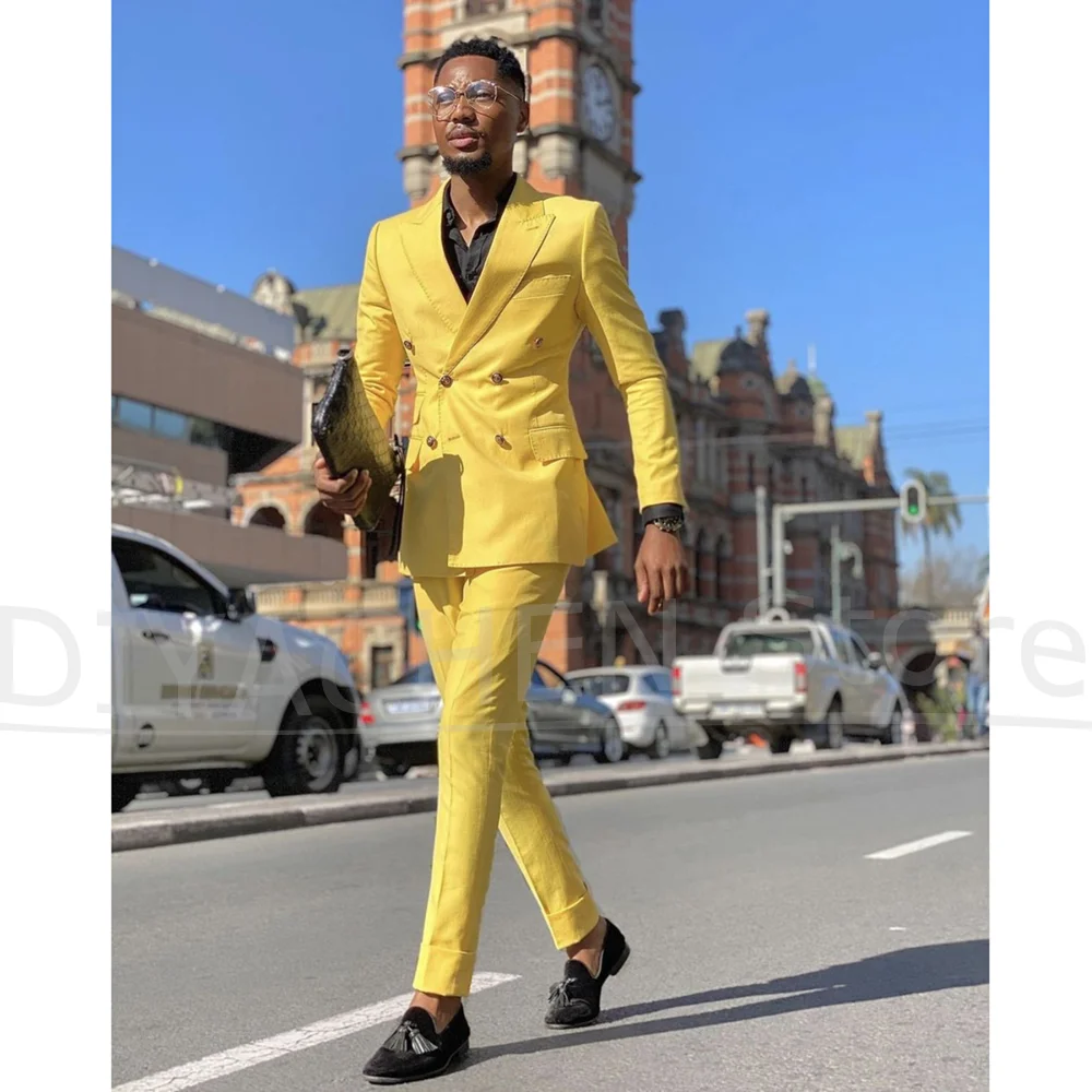 Yellow Men Suits 2 Piece Double Breasted Peak Lapel Wedding Party Tuxedos Fashion Formal Business Casual Slim Male Suit
Yellow Men Suits 2 Piece Double Breasted Peak Lapel Wedding Party Tuxedos Fashion Formal Business Casual Slim Male Suit