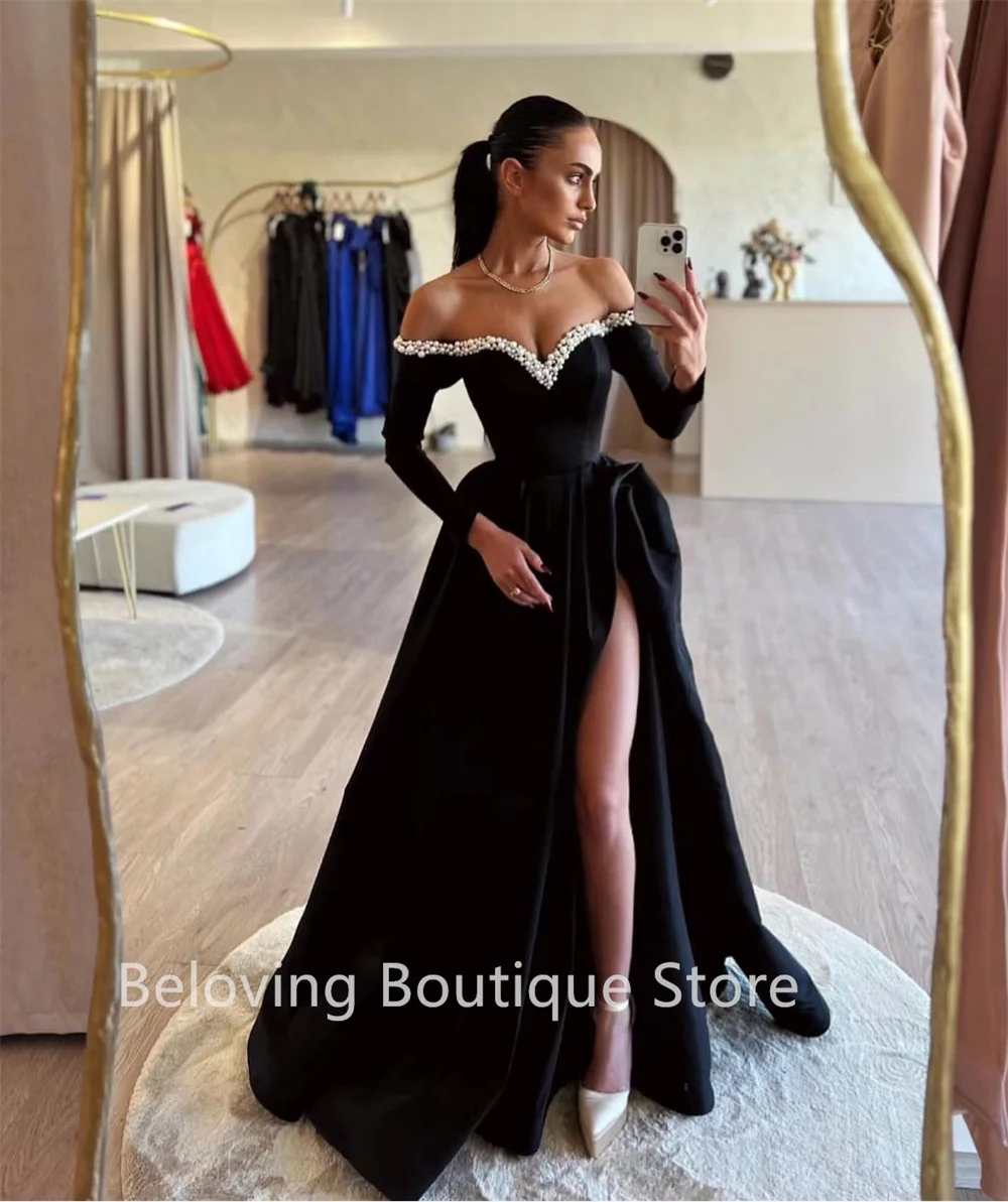 Black Off Shoulder Celebrity Dresses High Slit Side Formal Occasion Dress White Pearls Prom Gowns Wedding Party Dress Robes 2024
Black Off Shoulder Celebrity Dresses High Slit Side Formal Occasion Dress White Pearls Prom Gowns Wedding Party Dress Robes 2024