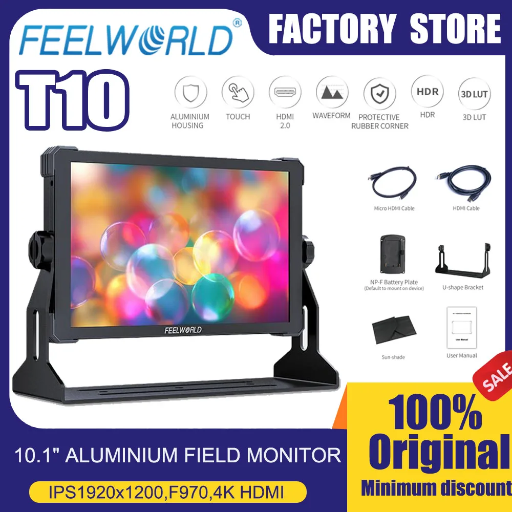 FEELWORLD T10 10.1 Inch Aluminium DSLR Camera Field Monitor 1920x1200 Pixels Touch Screen 4K HDMI NP-F External Install and Powe
FEELWORLD T10 10.1 Inch Aluminium DSLR Camera Field Monitor 1920x1200 Pixels Touch Screen 4K HDMI NP-F External Install and Powe