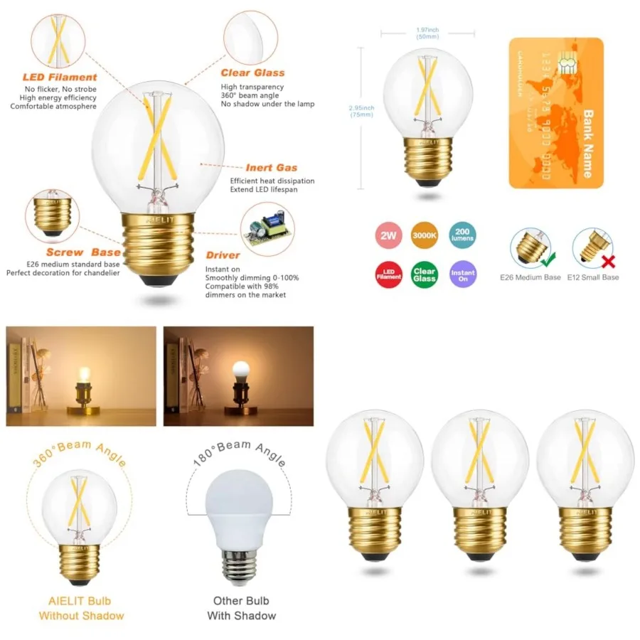 Dimmable Globe E26 LED Bulb, 2W 25-Watt Equivalent,Soft White 3000K, A15/A50 E26 Golden Base Edison LED Light Bulbs for Hanging
Dimmable Globe E26 LED Bulb, 2W 25-Watt Equivalent,Soft White 3000K, A15/A50 E26 Golden Base Edison LED Light Bulbs for Hanging